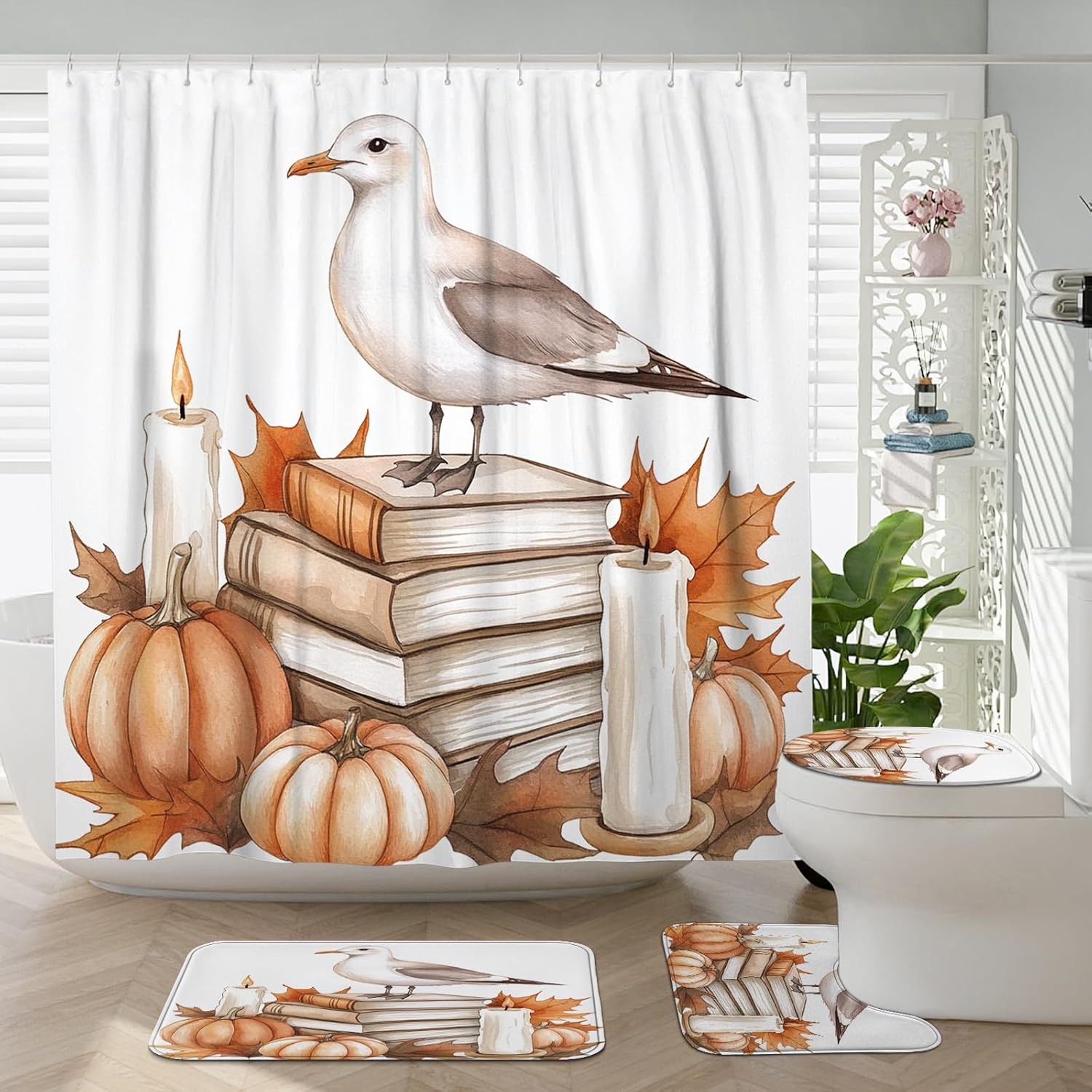 DESIHOM 4PCS Fall Seagull Bird Shower Curtain Set with Hooks and Non-Slip Rug