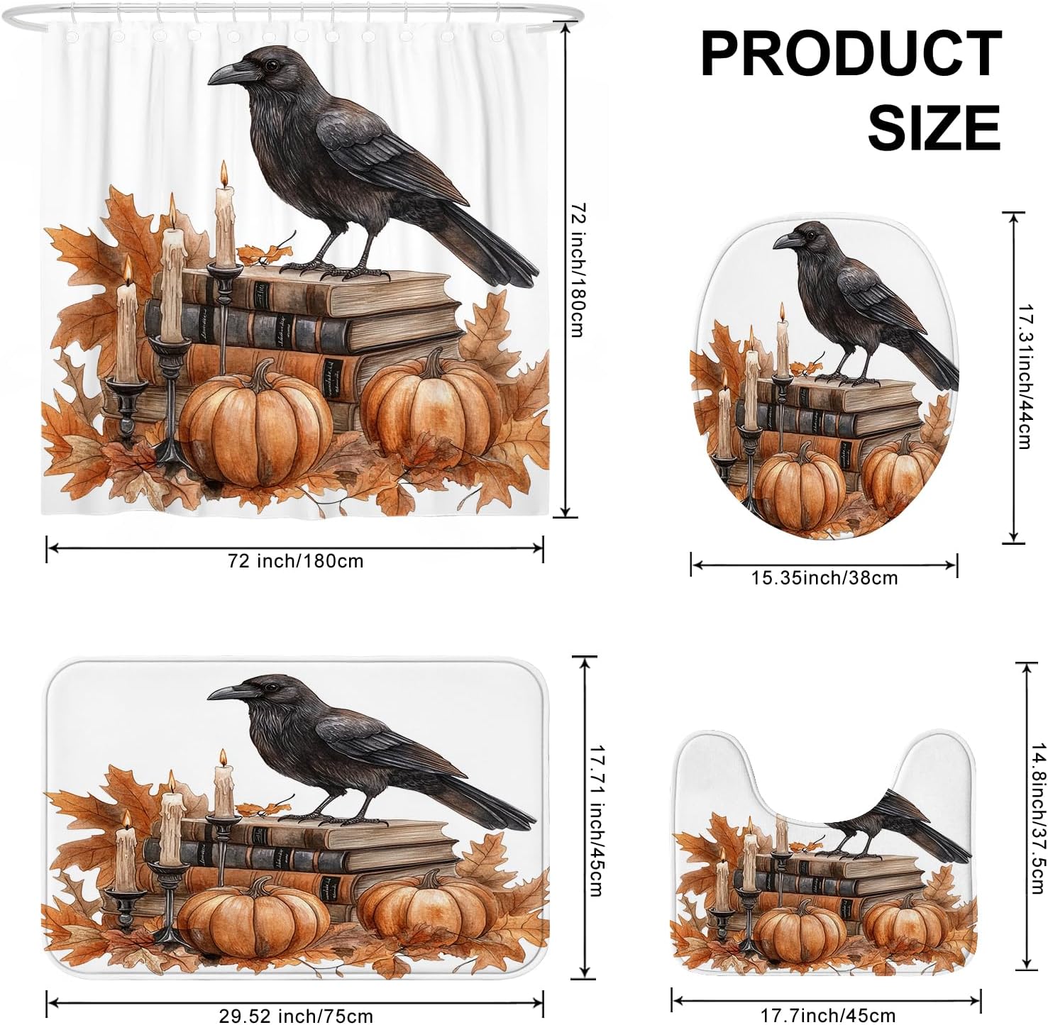 DESIHOM 4PCS Fall Crow Ravens Bird Shower Curtain Set with Non-Slip Rug and Hooks