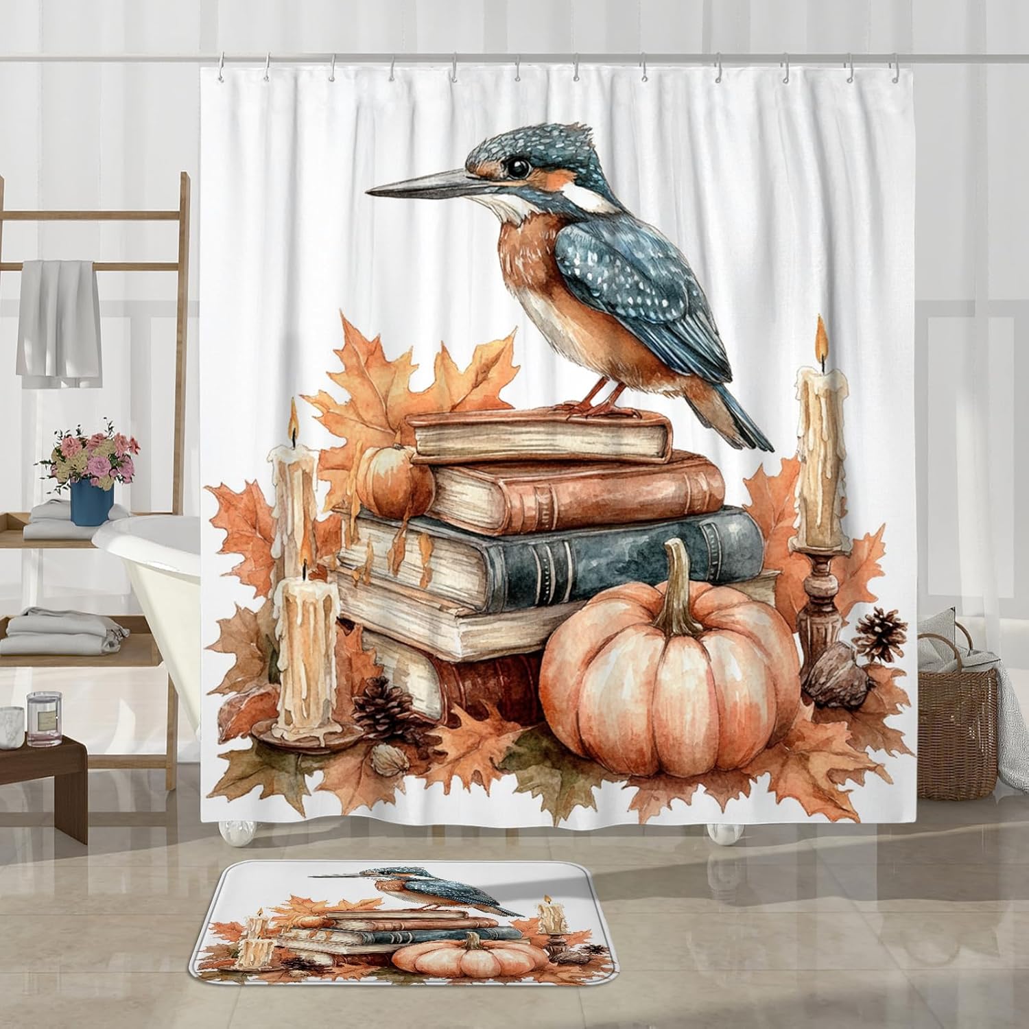 DESIHOM 4PCS Fall Kingfishers Bird Shower Curtain Set with Non-Slip Rug and 12 Hooks