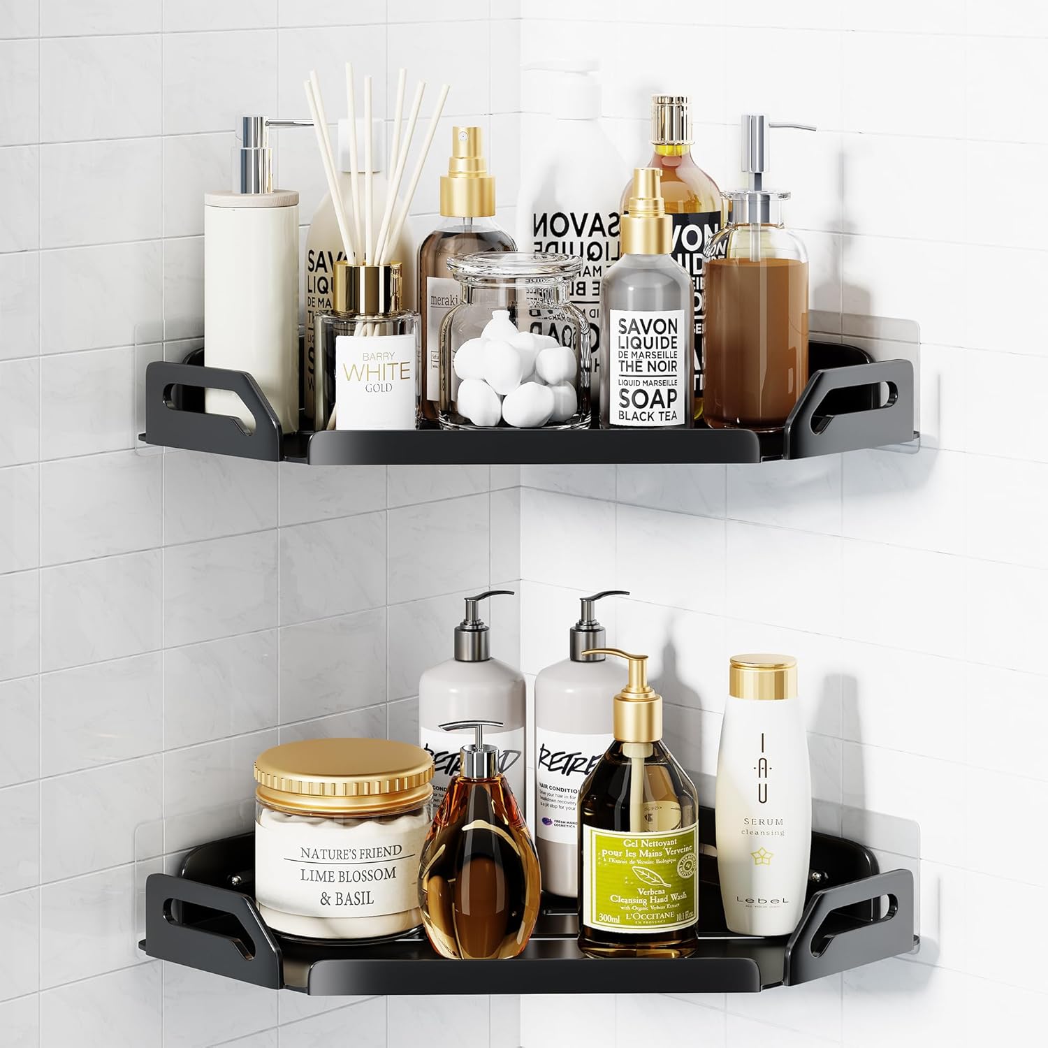 2 Pack Corner Shower Caddy Stainless Steel Rustproof 4 Hooks Black