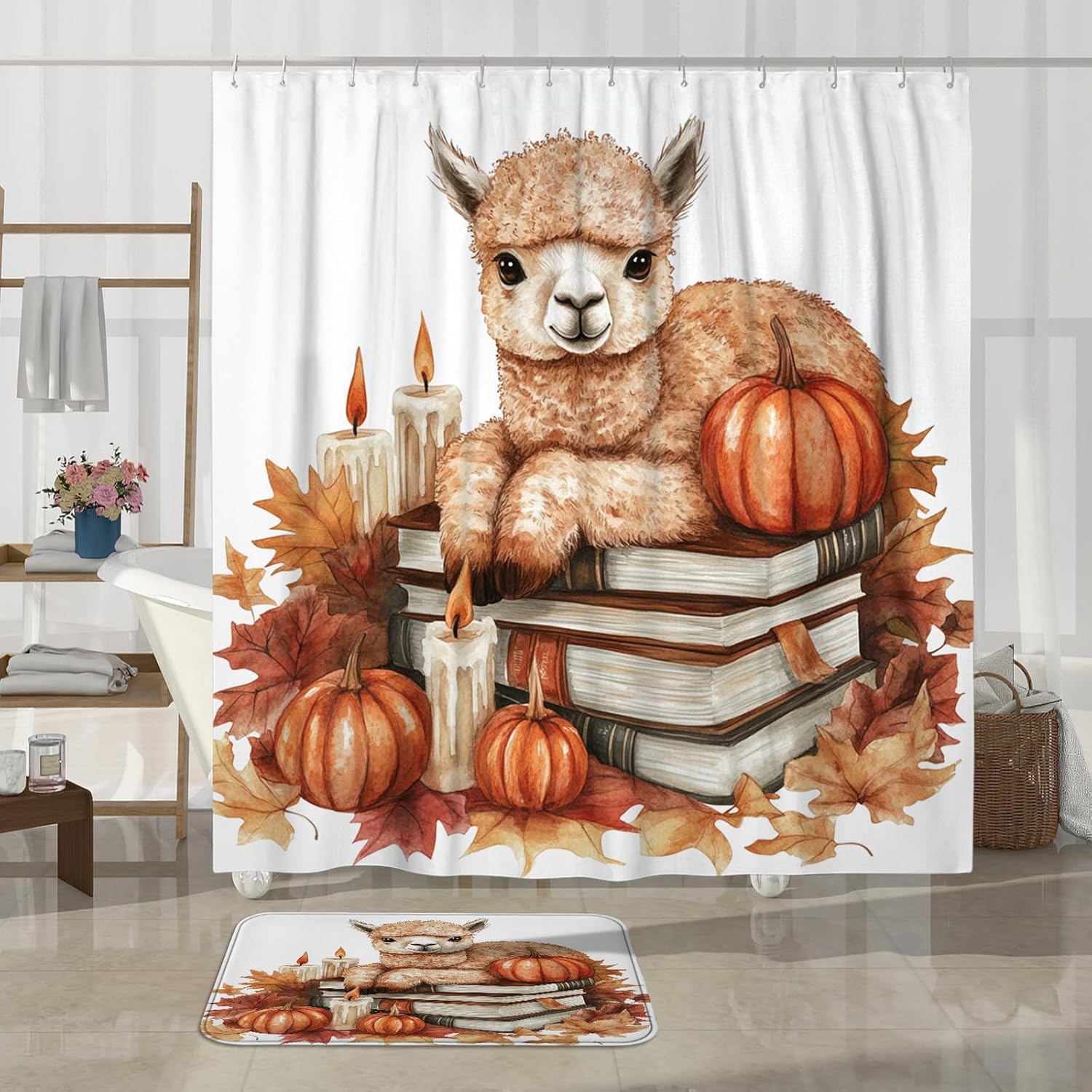DESIHOM 4PCS Fall Alpaca Llama Shower Curtain Set with Hooks and Non-Slip Mat