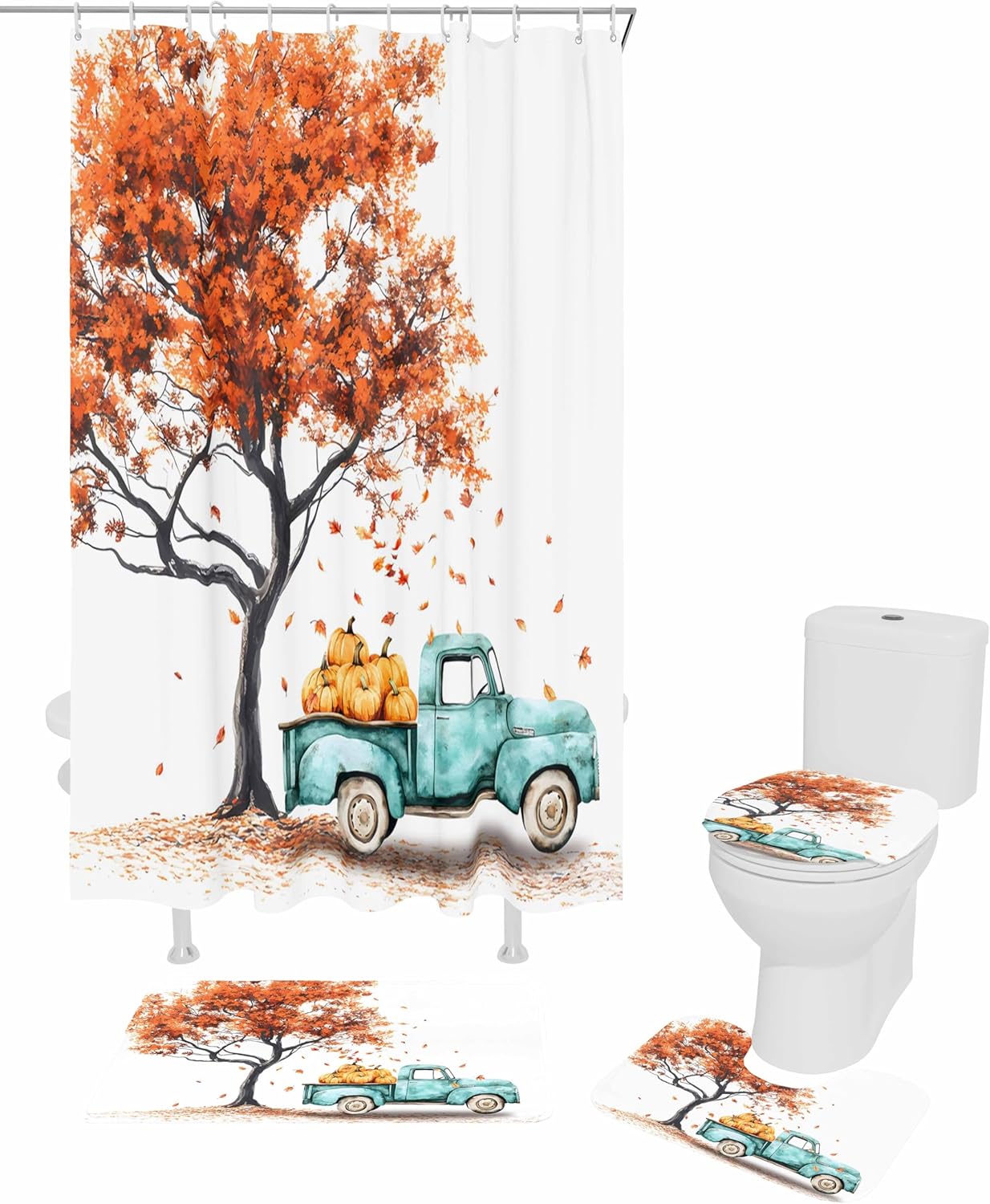Fall Truck 4 Pcs Waterproof Shower Curtain Set with Non-Slip Rugs and Mats