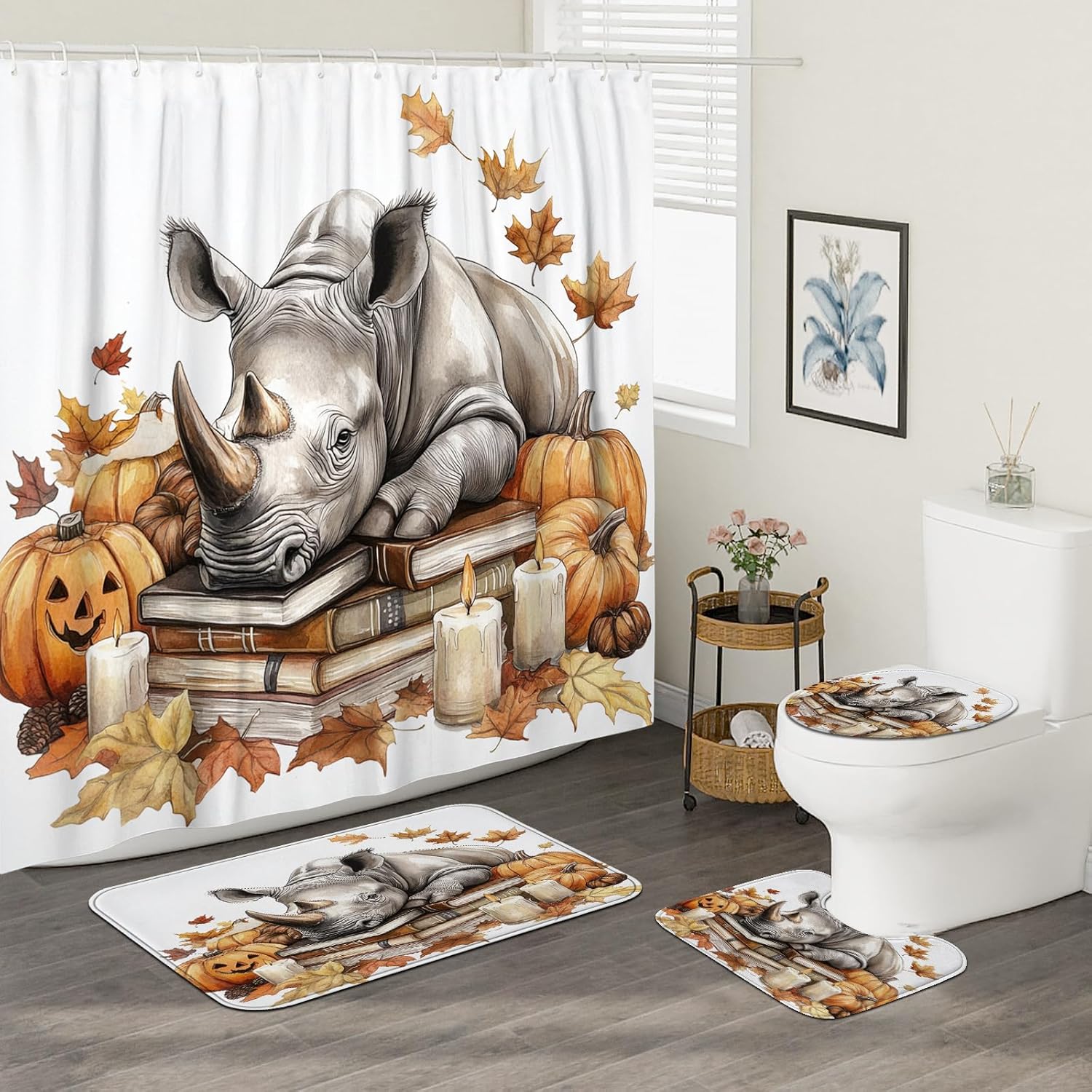 DESIHOM 4PCS Fall Rhinos Pumpkins Shower Curtain Set with Non-Slip Rug and Toilet Lid Cover Mat