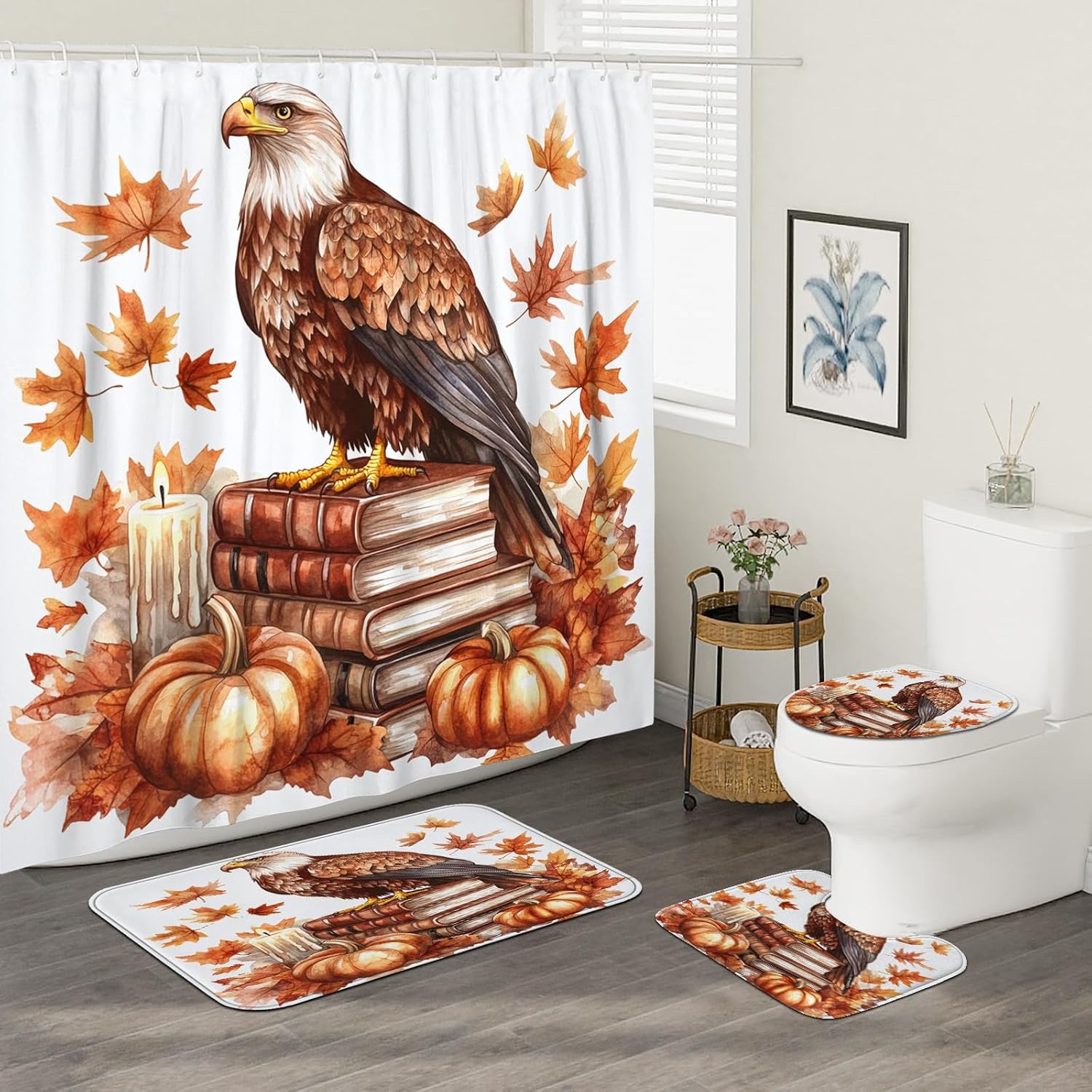 DESIHOM 4PCS Fall Eagle Bird Shower Curtain Set with Non-Slip Rug and 12 Hooks