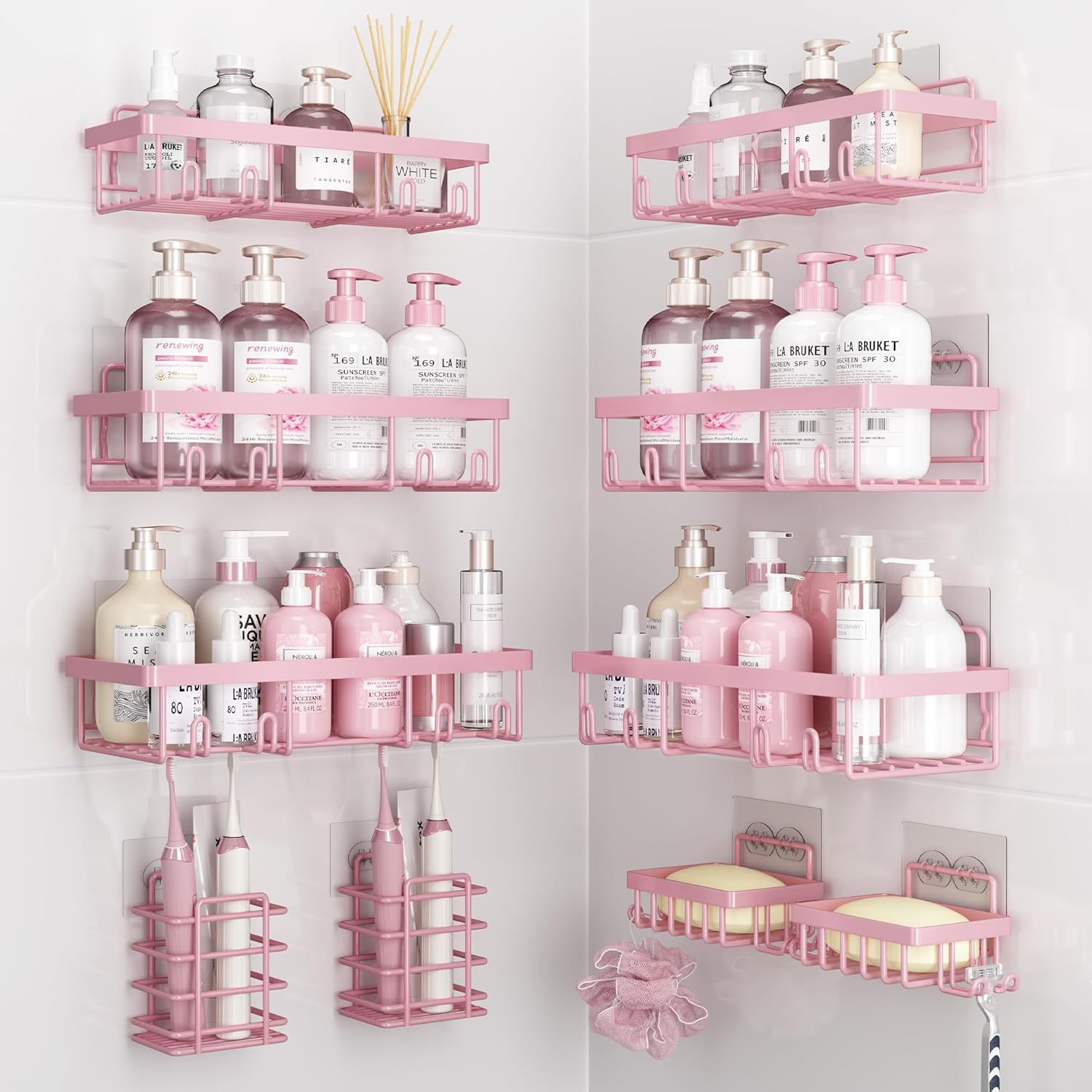 10 Pack Shower Caddy Organizer with Rustproof Stainless Steel Shampoo Holder and Wall Storage Basket Pink