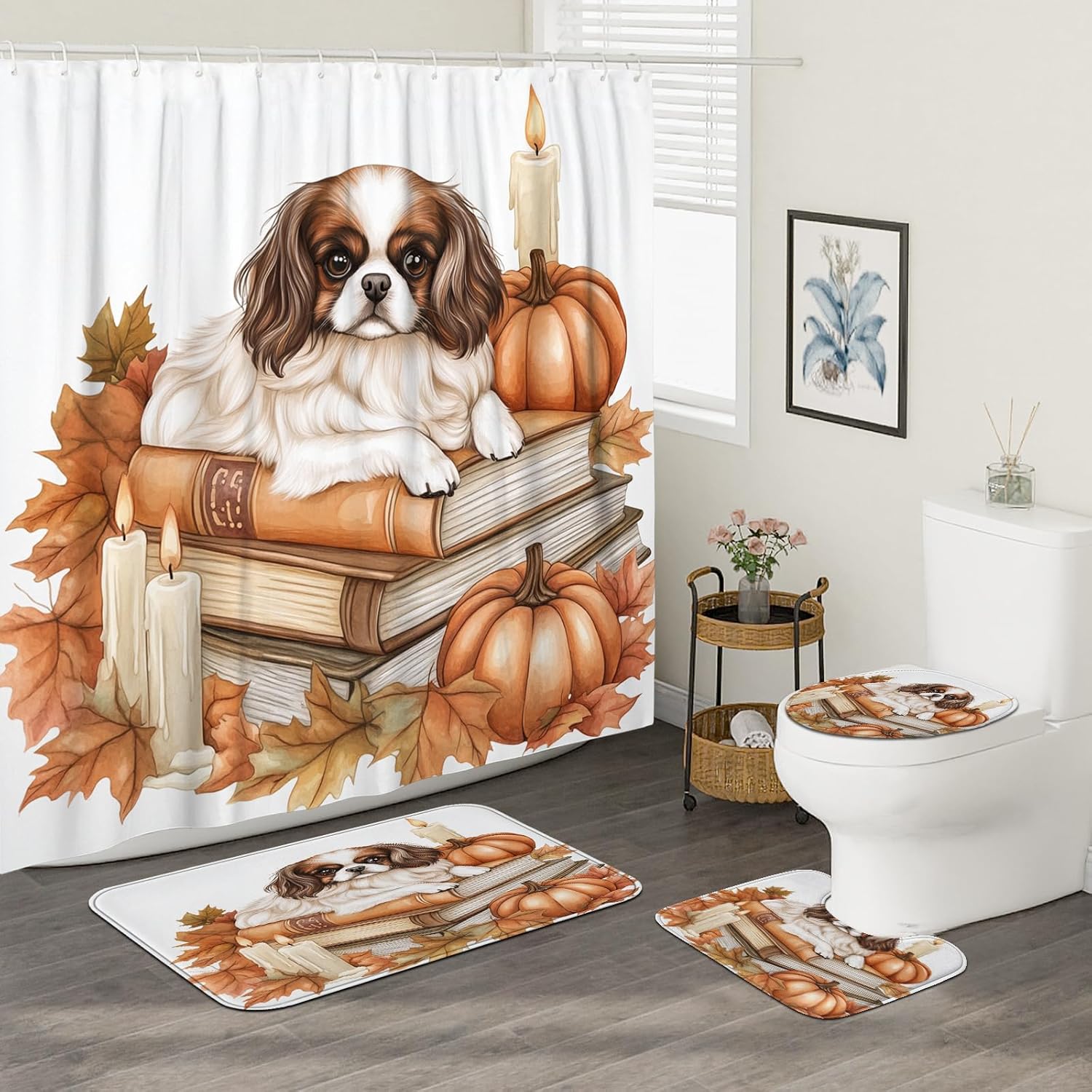 DESIHOM 4PCS Fall Japanese Chin Dog Shower Curtain Set 72x72 with Hooks and Bath Mat