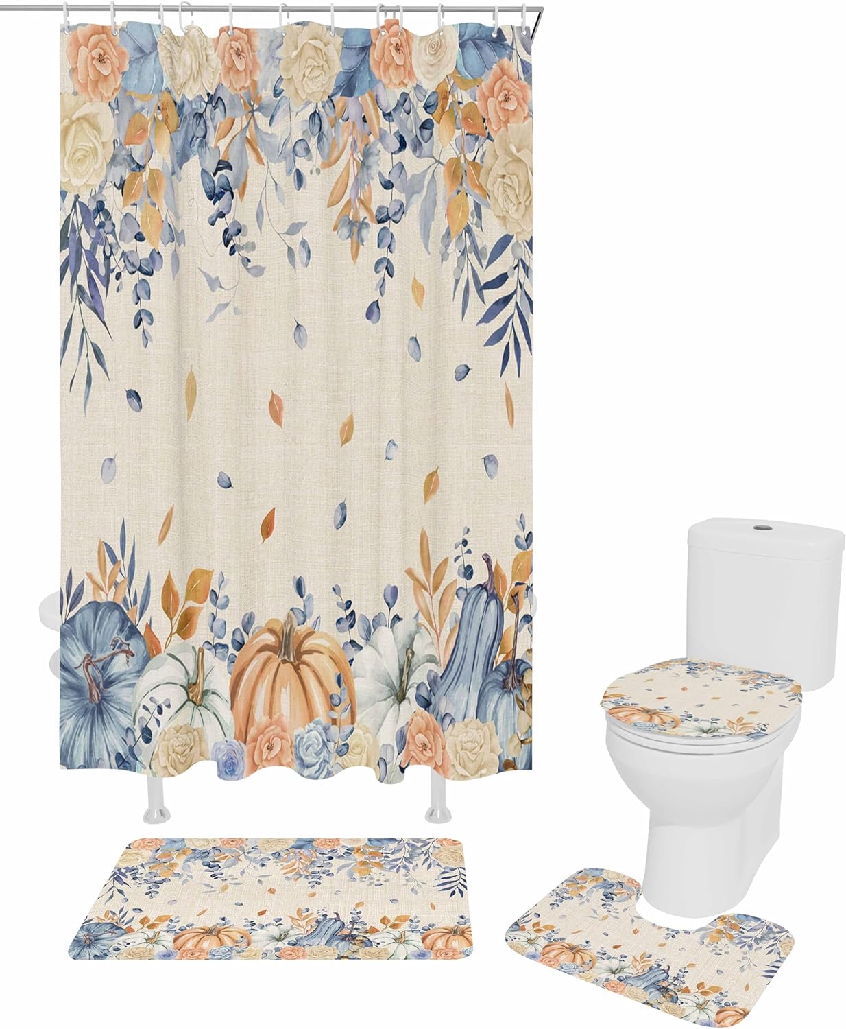Orange Blue Fall 4 Pcs Shower Curtain Set with Non-Slip Rugs and Mats