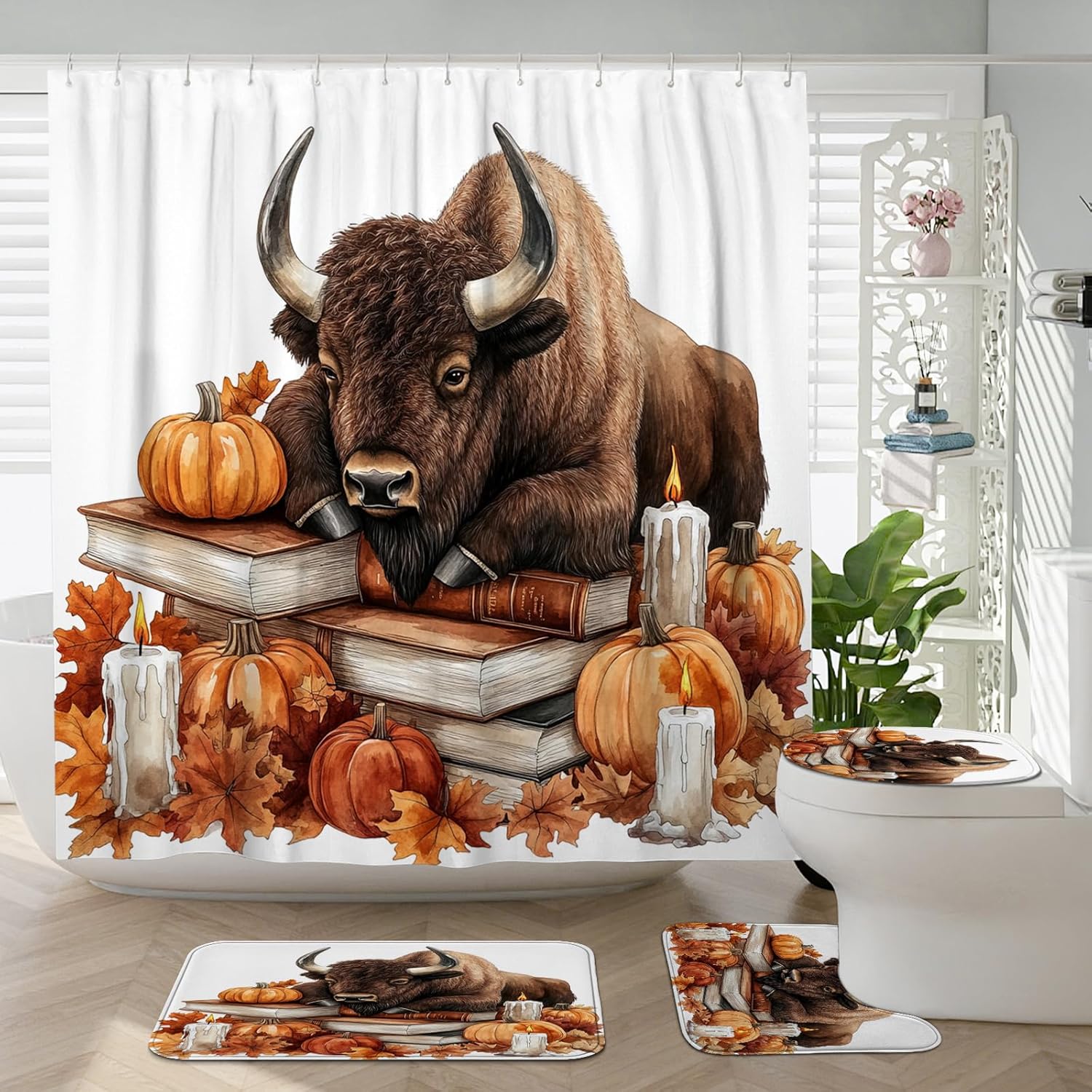 DESIHOM 4PCS Fall Bisons Pumpkins Shower Curtain Set with Hooks and Non-Slip Rug