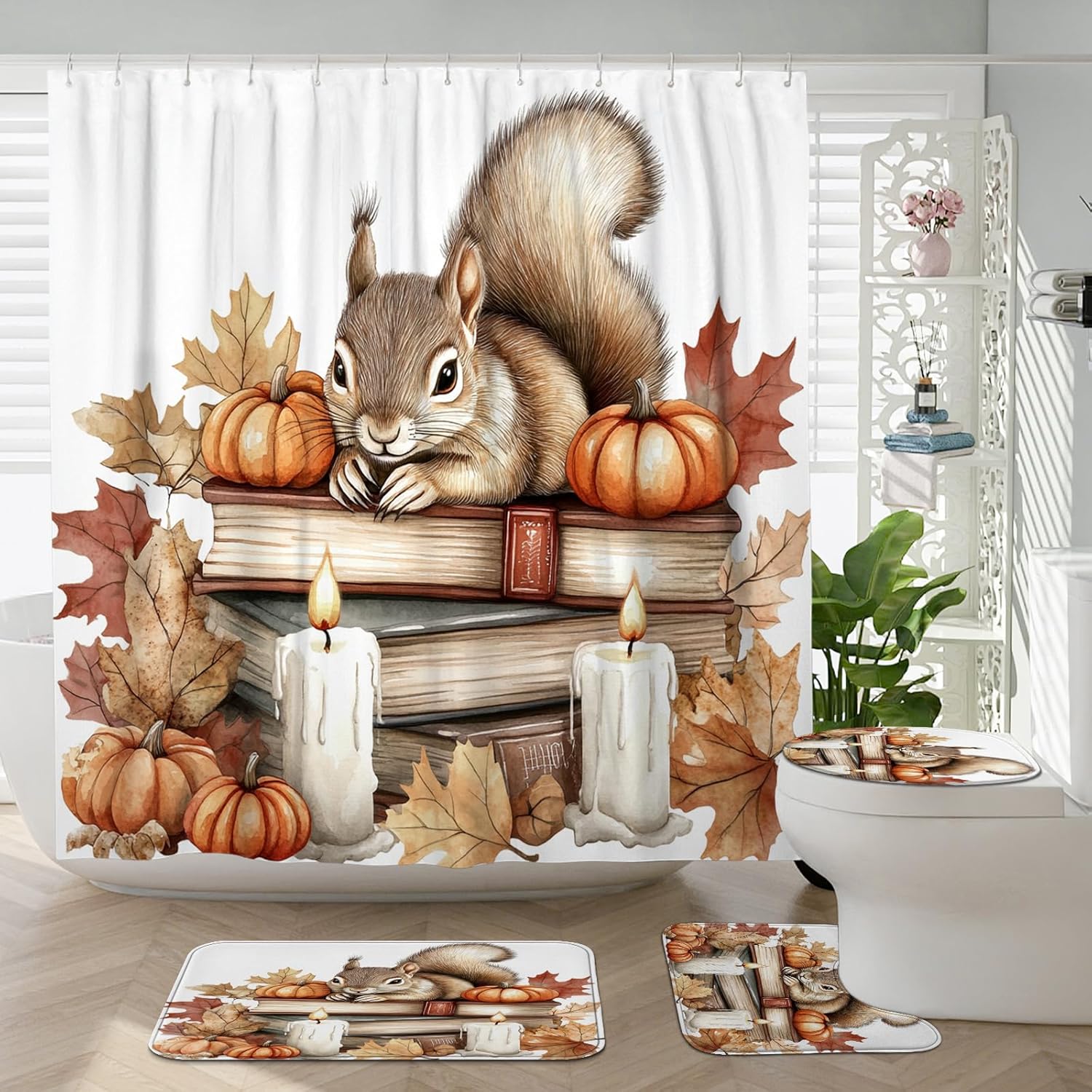 DESIHOM 4PCS Fall Squirrel Shower Curtain Set with Non-Slip Rug and Toilet Lid Cover Mat