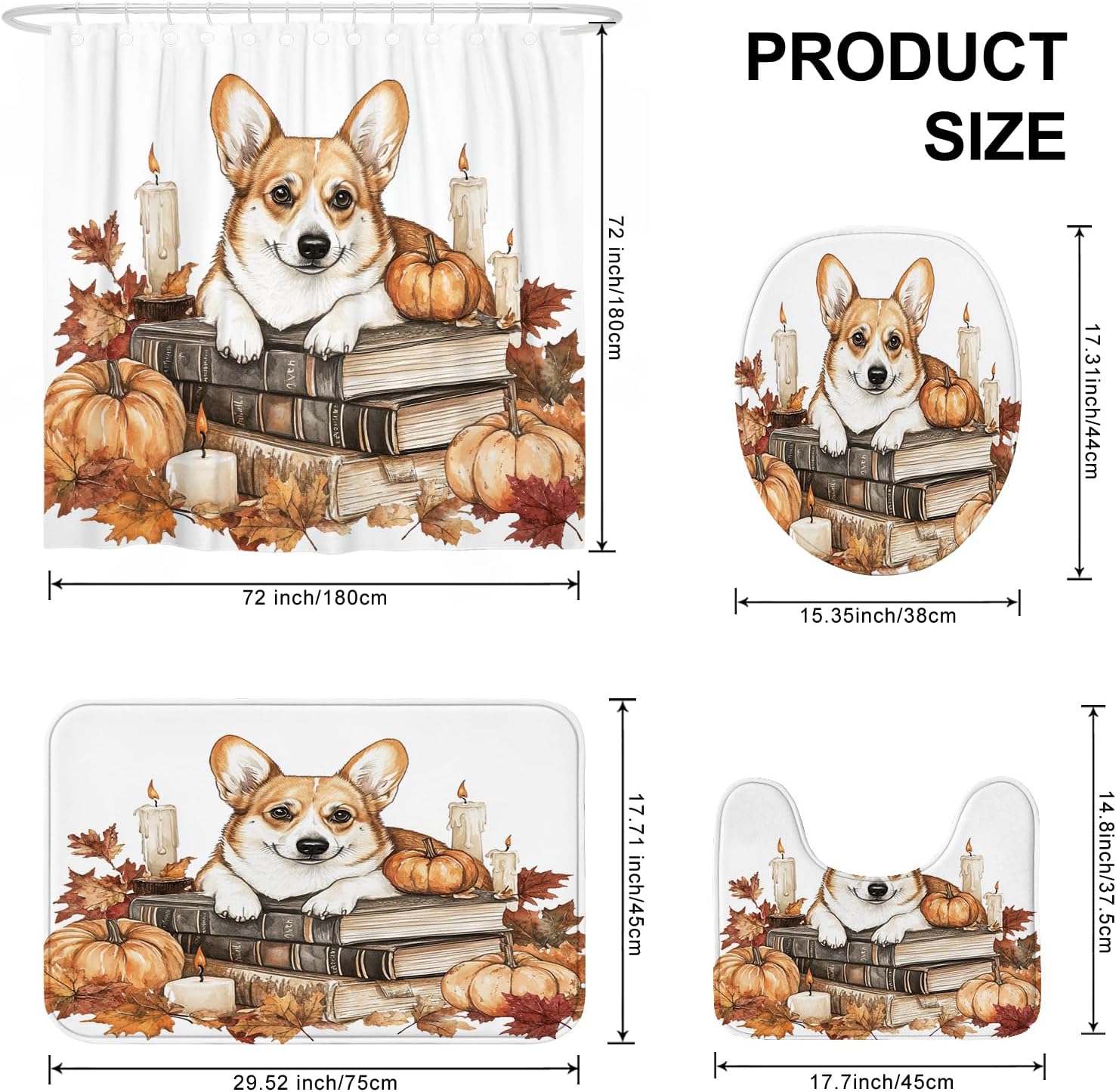 DESIHOM 4PCS Fall Corgi Dog Shower Curtain Set with Non-Slip Rug and Hooks