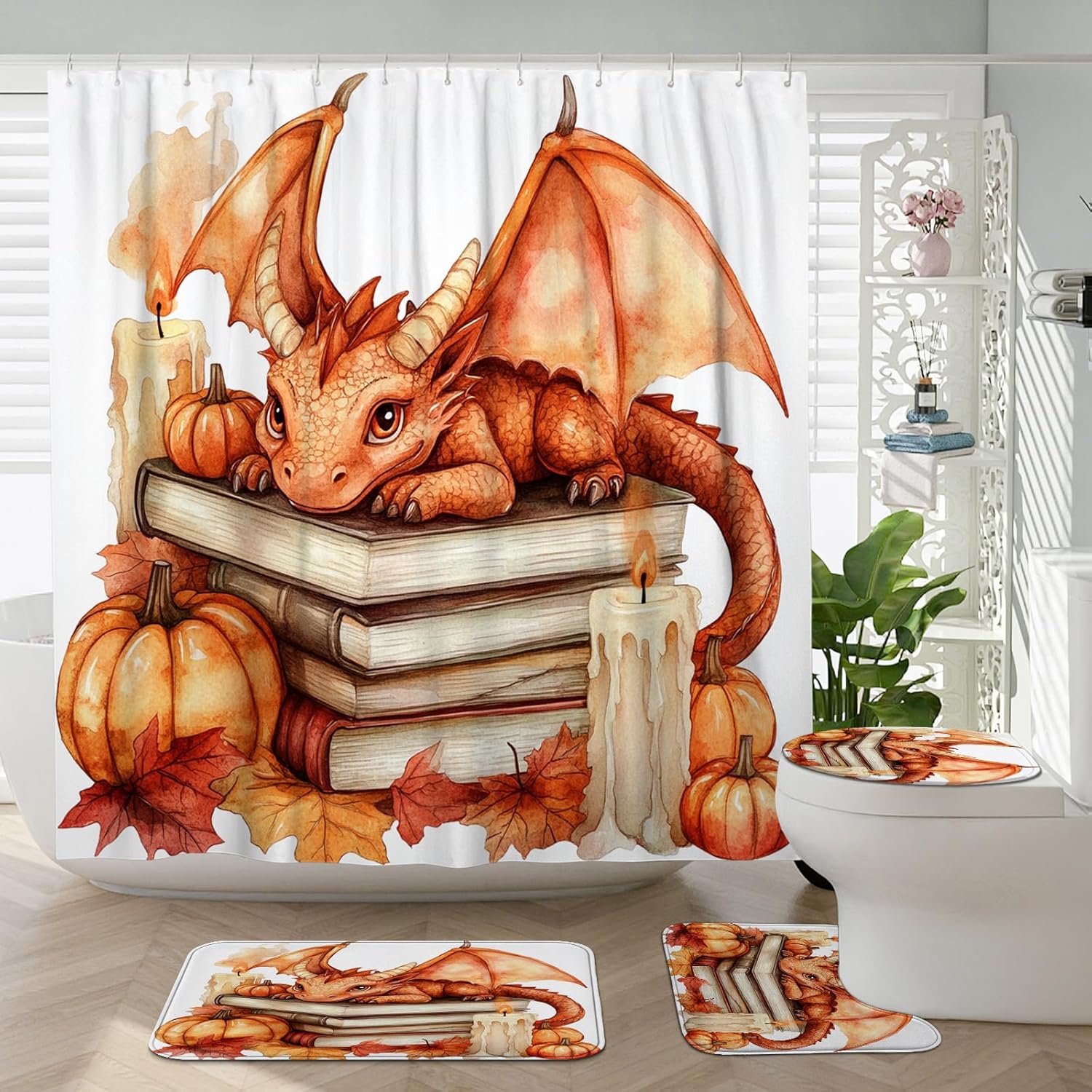 4PCS Fall Dragons Pumpkins Shower Curtain Set with Non Slip Rug and Toilet Lid Cover Mat