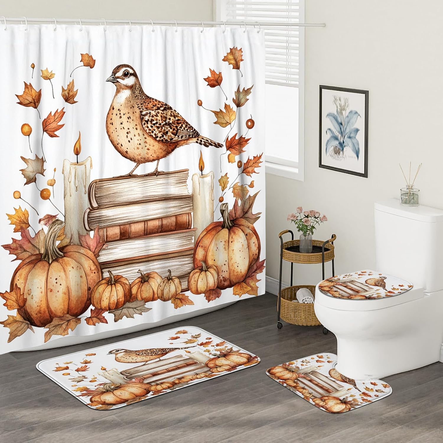 DESIHOM 4PCS Fall Quail Bird Shower Curtain Set with Hooks and Non-Slip Rug