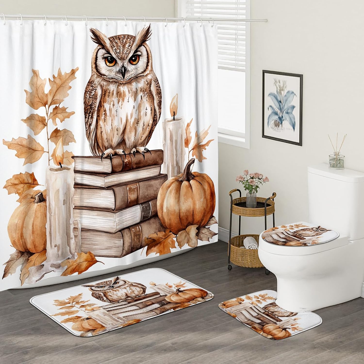 DESIHOM 4PCS Fall Owl Bird Shower Curtain Set with Non-Slip Rug and 12 Hooks