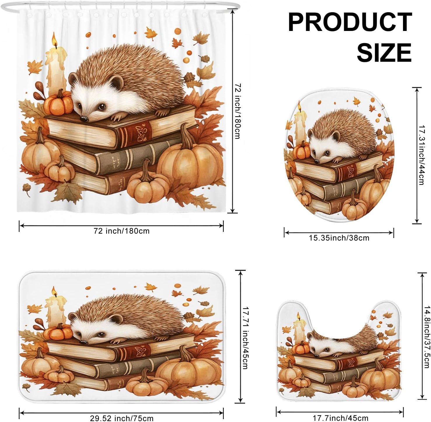 DESIHOM 4PCS Fall Hedgehog Shower Curtain Set with Hooks Bath Mat U Shape and Toilet Lid Cover Mat