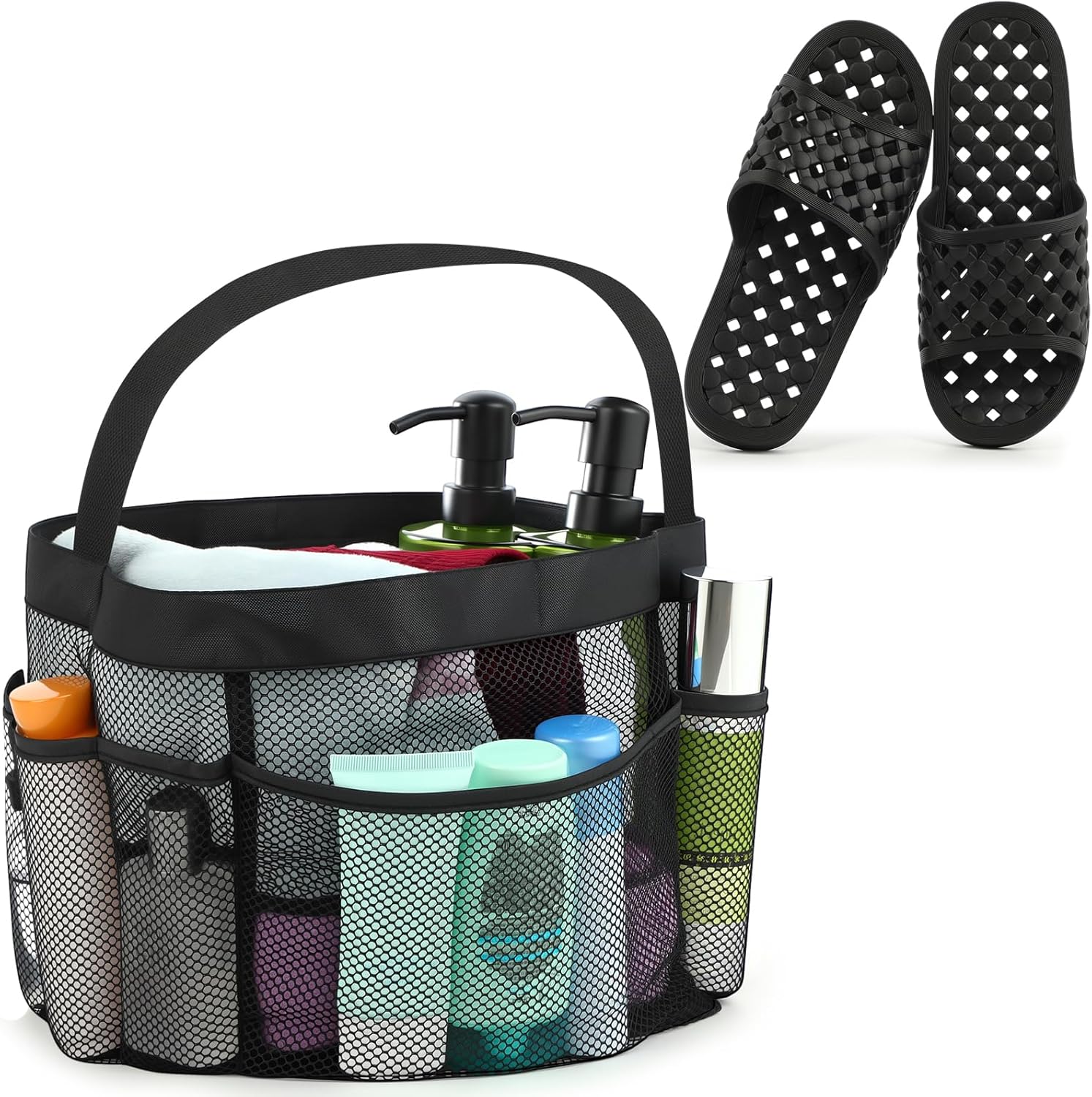 2 Pcs Mesh Shower Caddy and Non-Slip Slippers for Dorm Beach Pool Gym