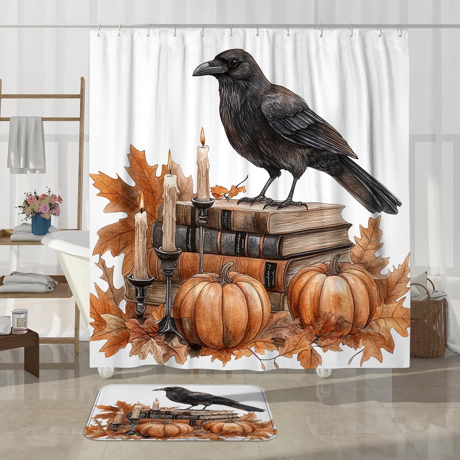 DESIHOM 4PCS Fall Crow Ravens Bird Shower Curtain Set with Non-Slip Rug and Hooks