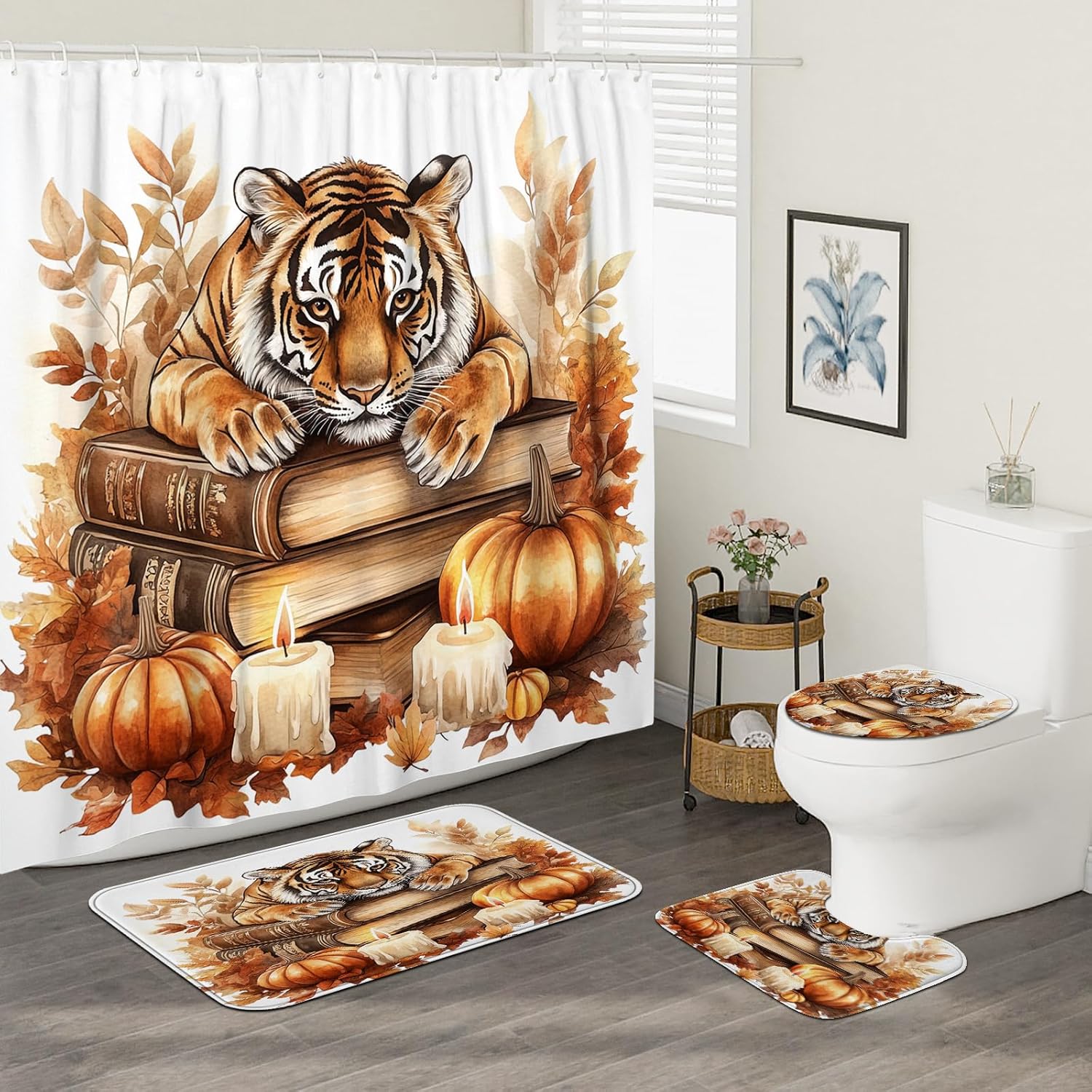 4PCS Fall Tigers Pumpkins Shower Curtain Set with Non-Slip Rug and Toilet Lid Cover Mat