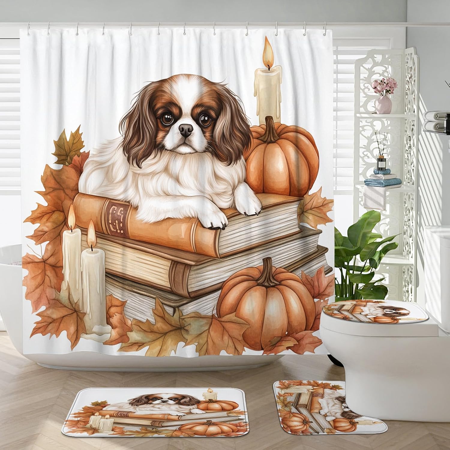 DESIHOM 4PCS Fall Japanese Chin Dog Shower Curtain Set 72x72 with Hooks and Bath Mat