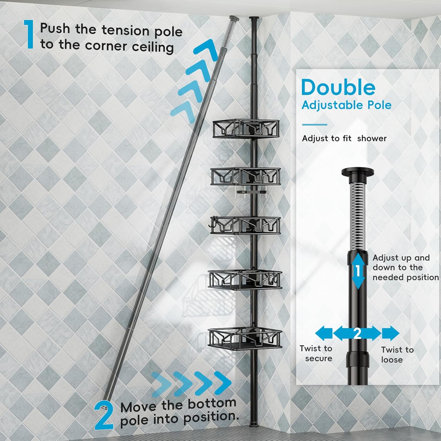 Skycarper 5 Tier Adjustable Corner Shower Caddy Organizer with Hooks Black