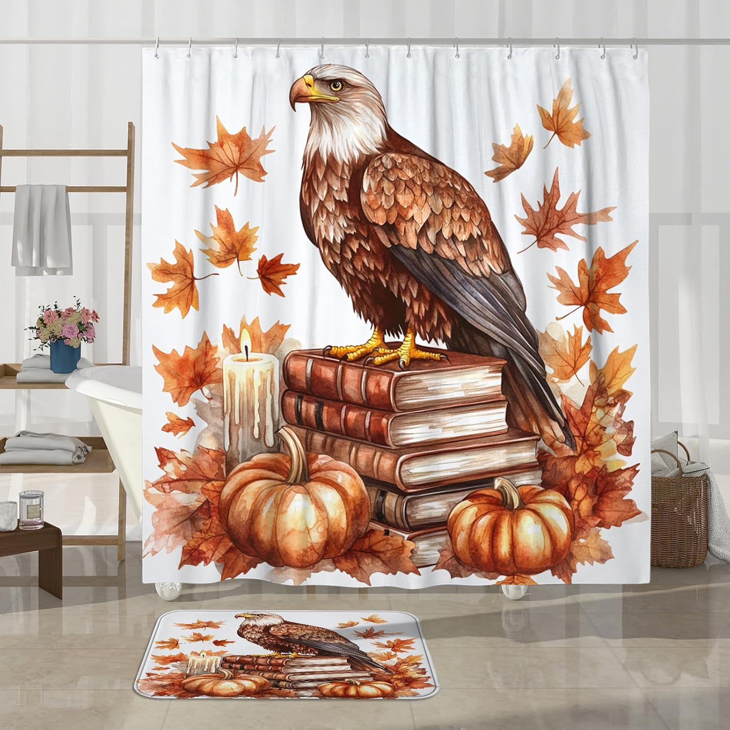 DESIHOM 4PCS Fall Eagle Bird Shower Curtain Set with Non-Slip Rug and 12 Hooks