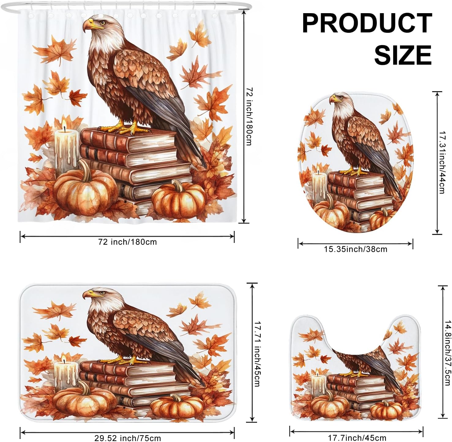 DESIHOM 4PCS Fall Eagle Bird Shower Curtain Set with Non-Slip Rug and 12 Hooks
