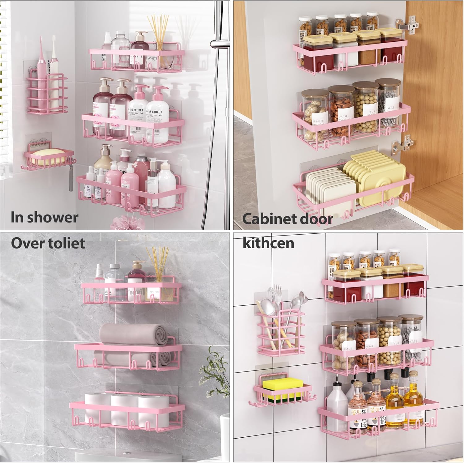 10 Pack Shower Caddy Organizer with Rustproof Stainless Steel Shampoo Holder and Wall Storage Basket Pink