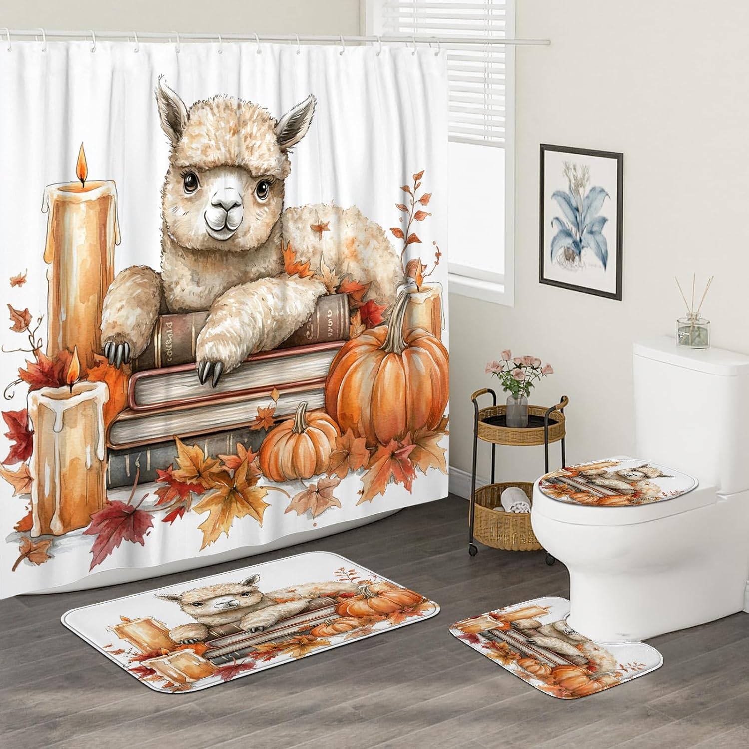 DESIHOM 4PCS Fall Alpaca Llama Shower Curtain Set with Non-Slip Rug and Toilet Lid Cover Mat