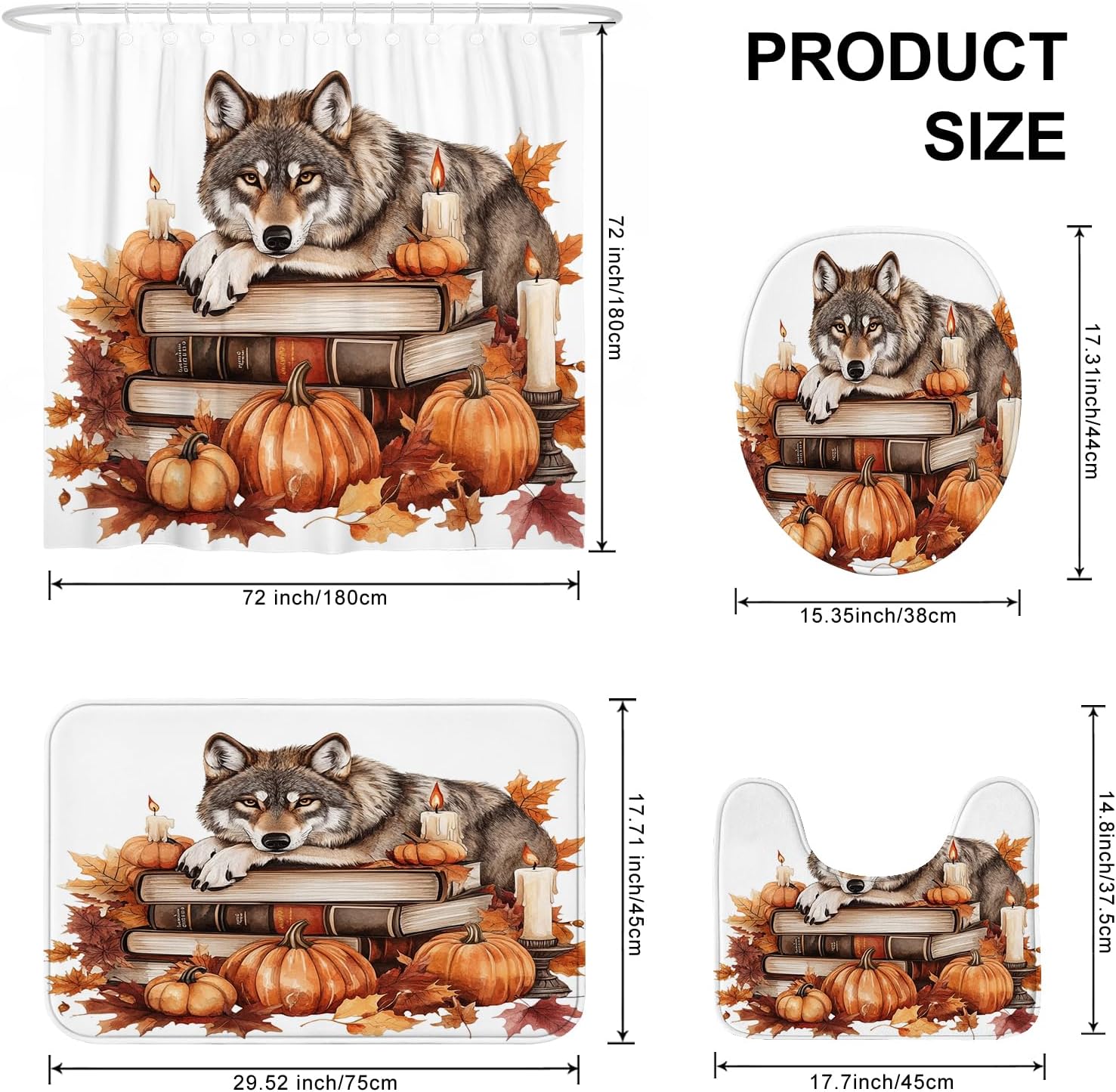 4PCS Fall Wolf Pumpkins Shower Curtain Set with Non-Slip Rug and Toilet Lid Cover Mat