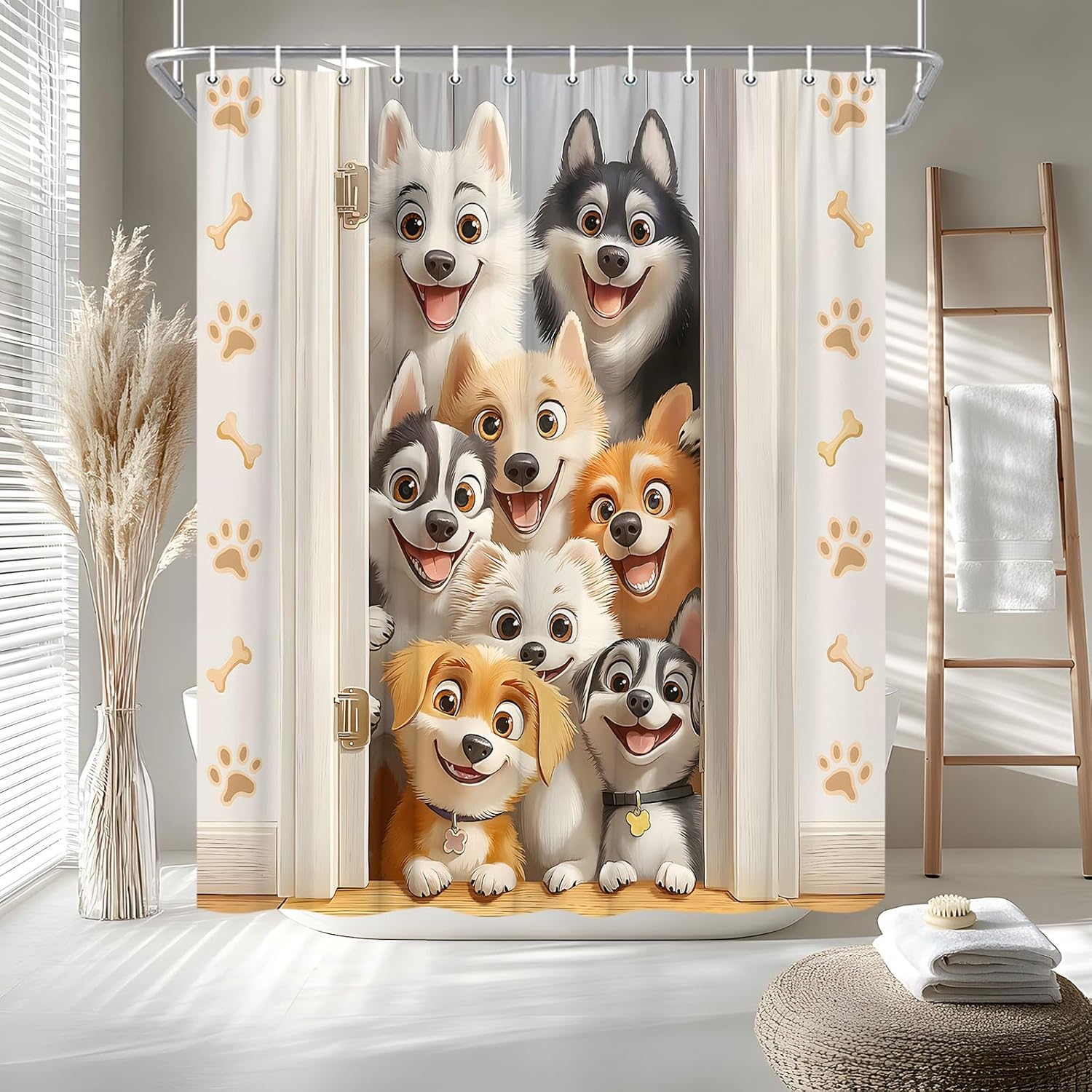 Funny Dogs Shower Curtain Cute Cartoon Animal Paws Print Bone Watercolor Farmhouse Decor