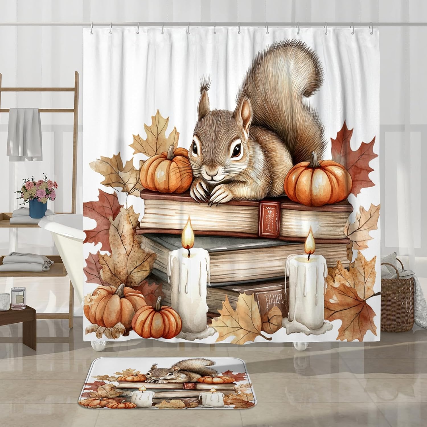 DESIHOM 4PCS Fall Squirrel Shower Curtain Set with Non-Slip Rug and Toilet Lid Cover Mat