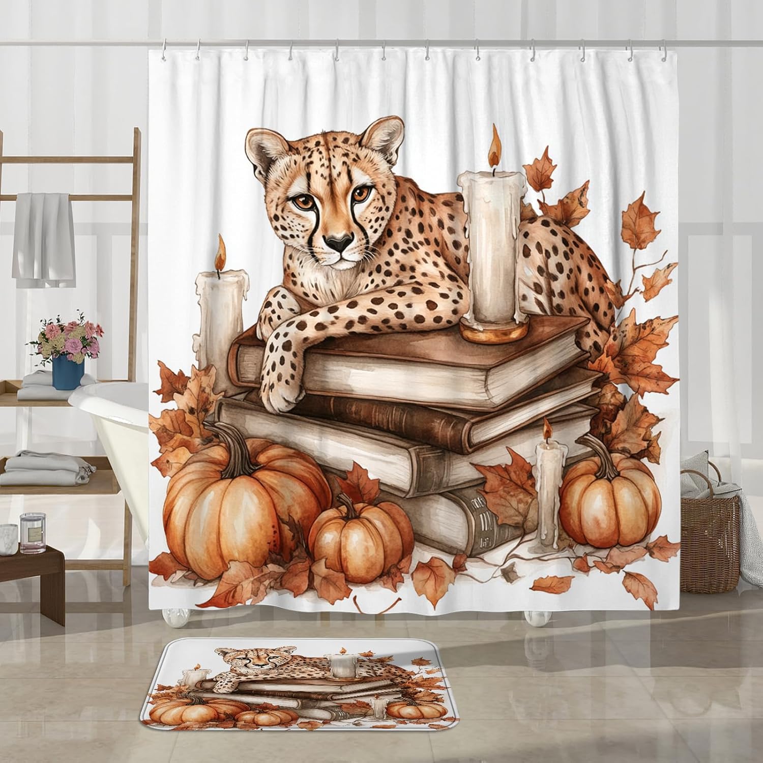 4PCS Fall Leopards Pumpkins Shower Curtain Set with Non-Slip Rug and Toilet Lid Cover Mat