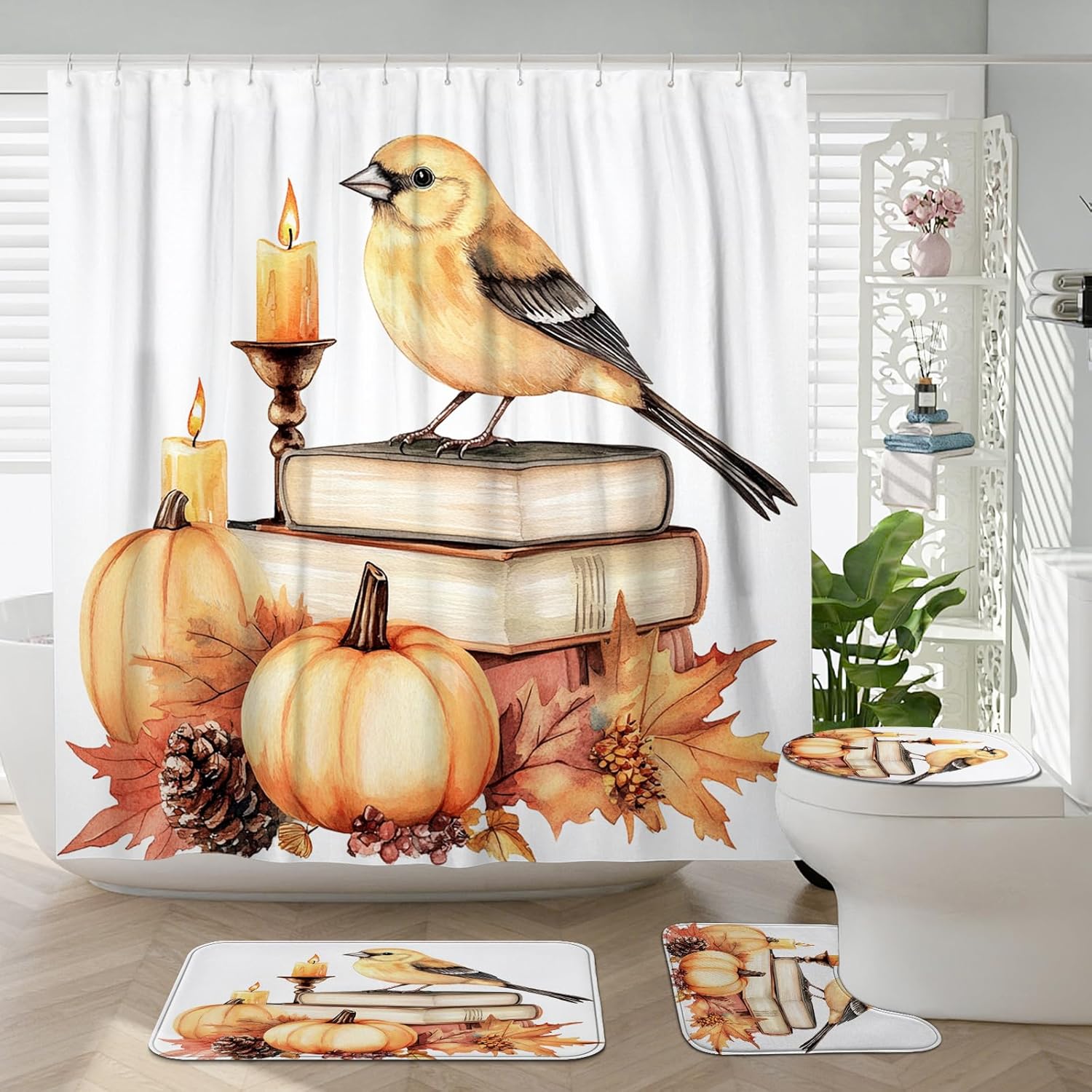DESIHOM 4PCS Fall Goldfinch Bird Shower Curtain Set with Non-Slip Rug and Hooks
