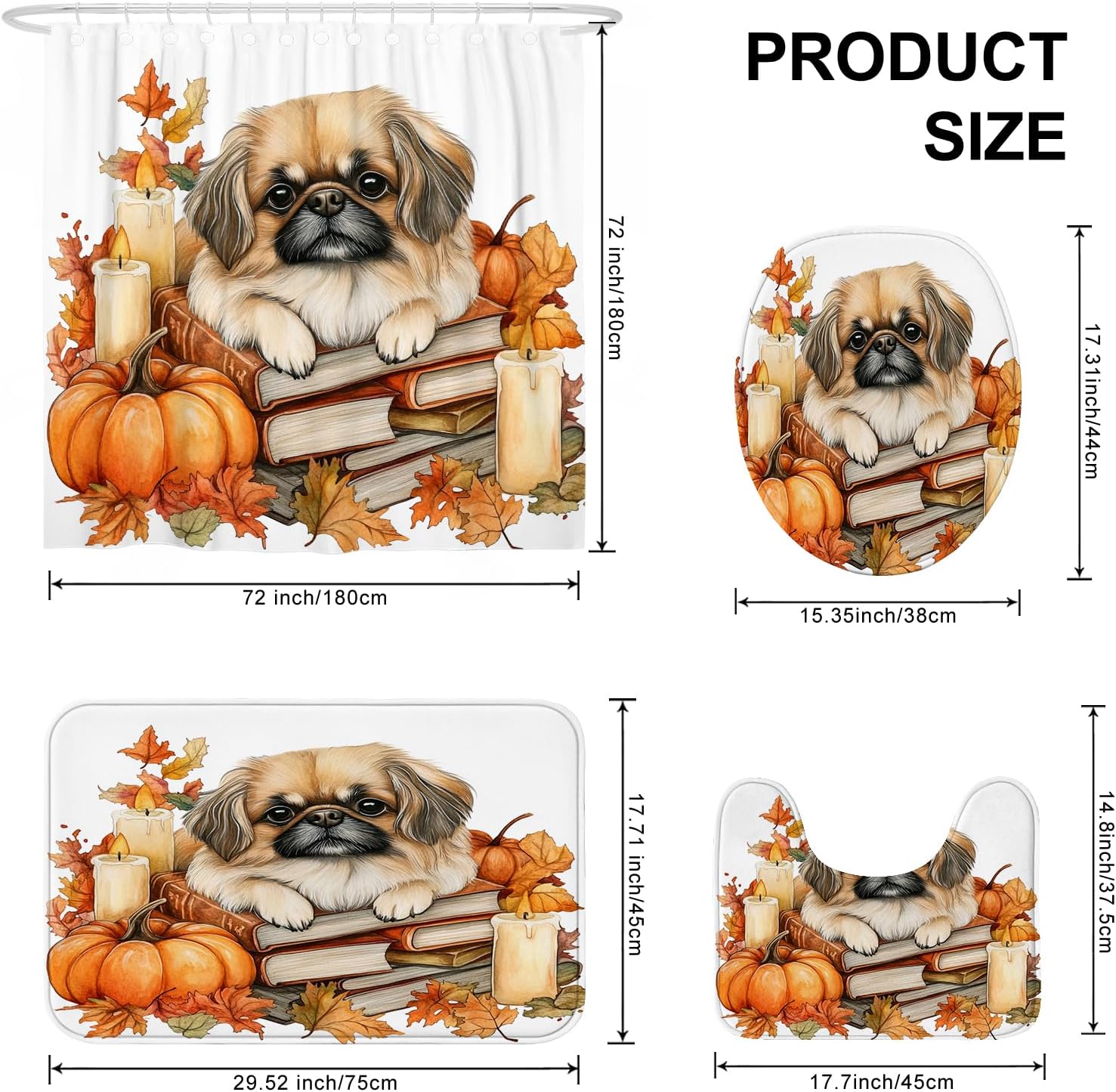 DESIHOM 4PCS Fall Pekingese Dog Shower Curtain Set with Non-Slip Rug and Toilet Lid Cover Mat