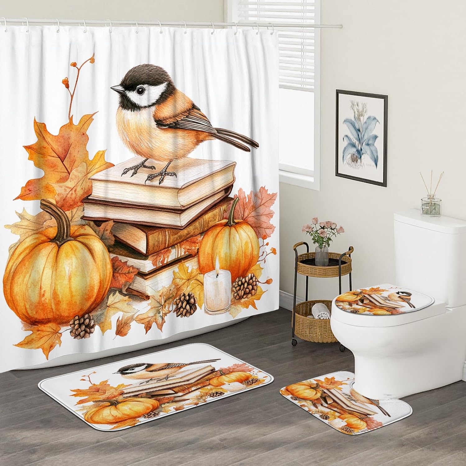 DESIHOM 4PCS Fall Chickadees Bird Shower Curtain Set with Non-Slip Rug and Hooks