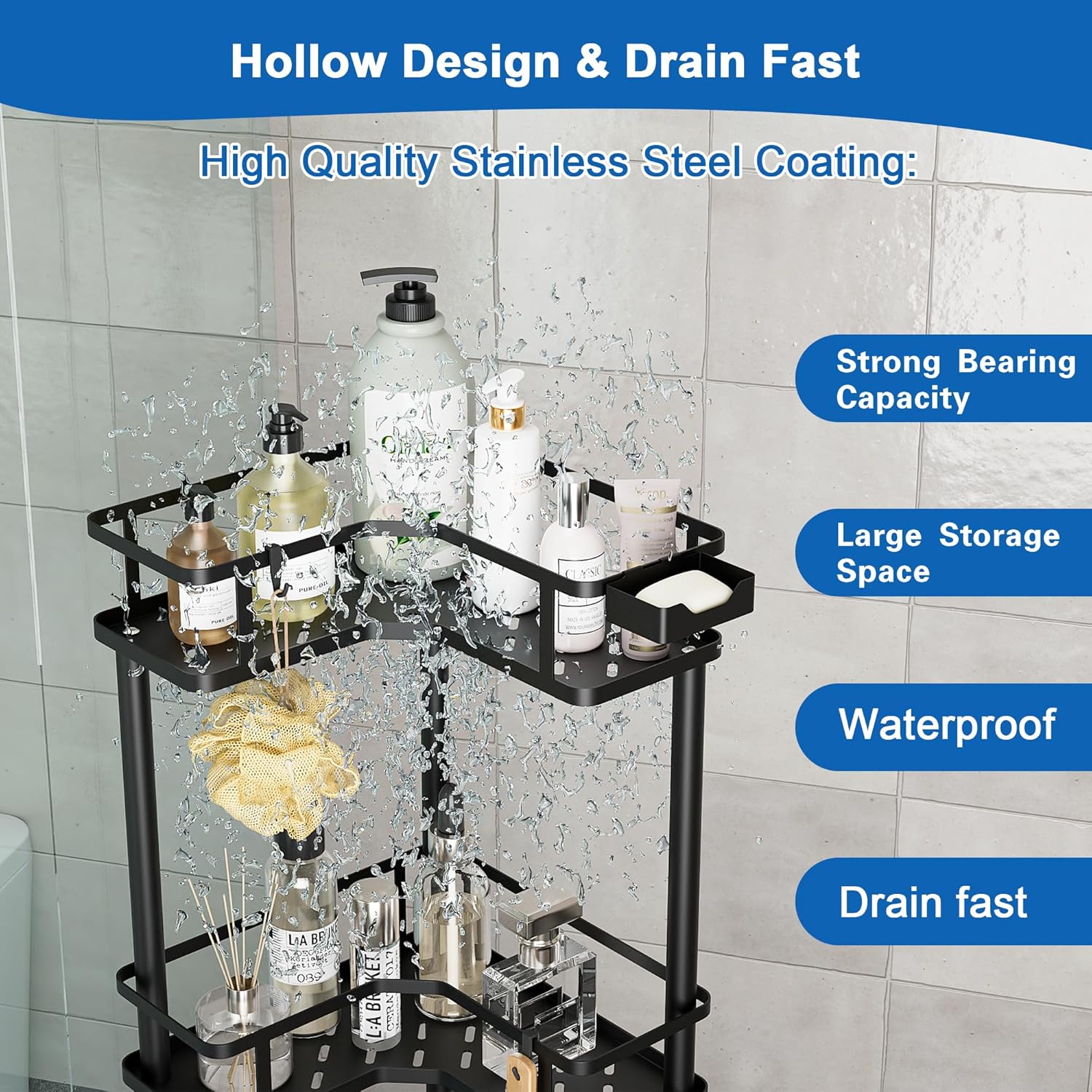 FJNATINH Corner Shower Caddy - 3 Tier Metal Organizer Stand for Bathroom