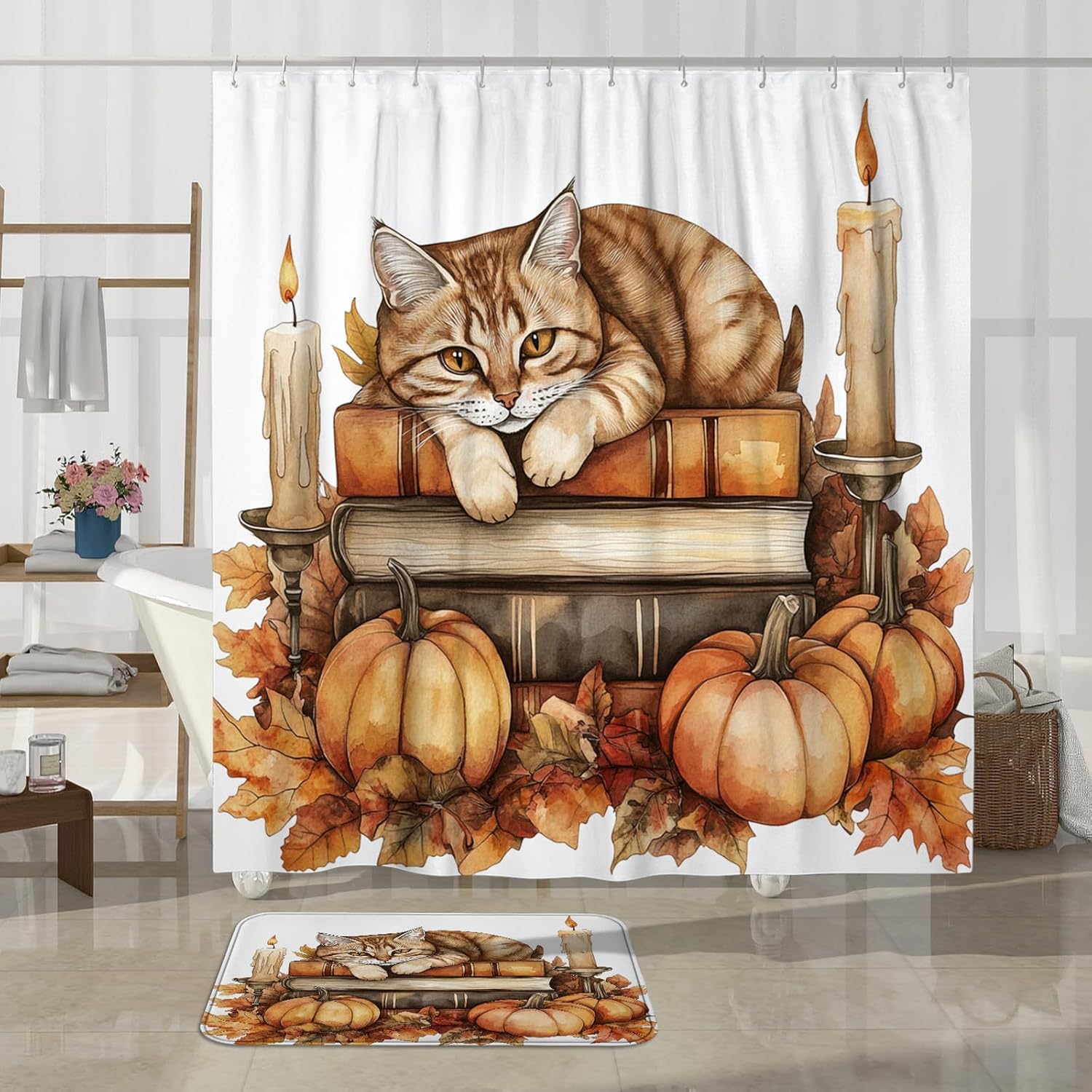 DESIHOM 4PCS Fall Cats Kitten Shower Curtain Set 72x72 with Hooks and Accessories