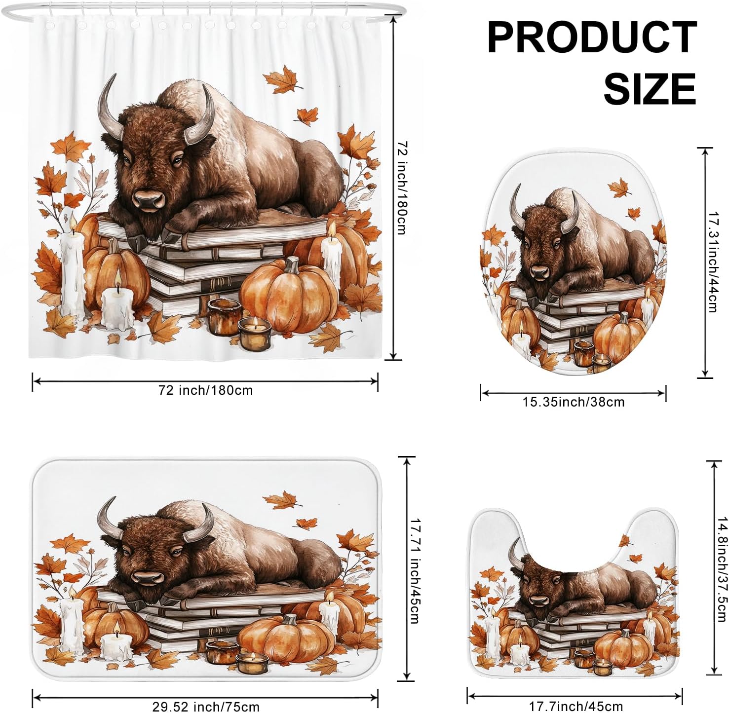 4PCS Fall Bisons Pumpkins Shower Curtain Set with Non-Slip Rug and Toilet Lid Cover Mat