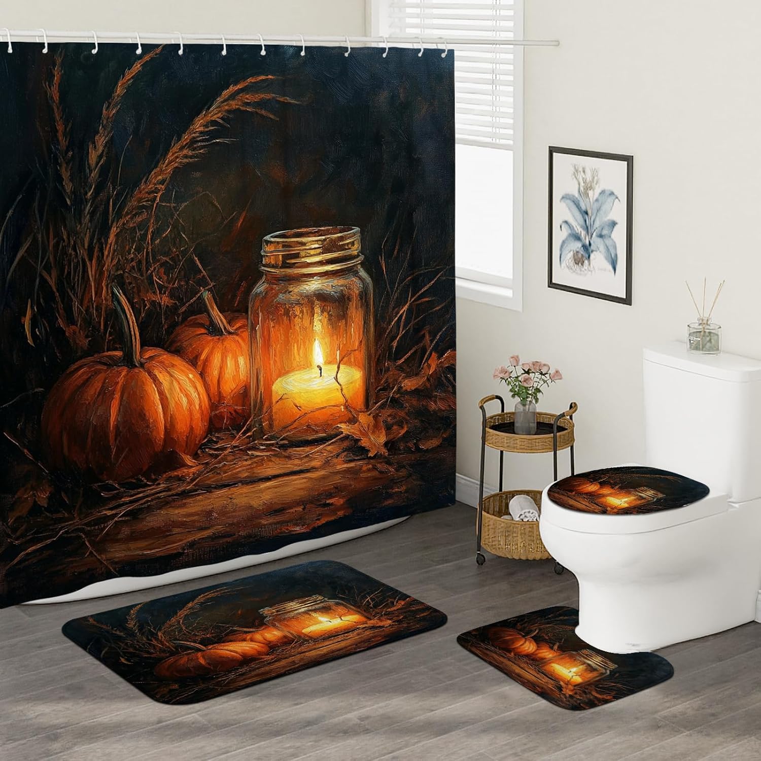 DESIHOM 4PCS Fall Candle Shower Curtain Set with Non-Slip Rug and Toilet Lid Cover Mat