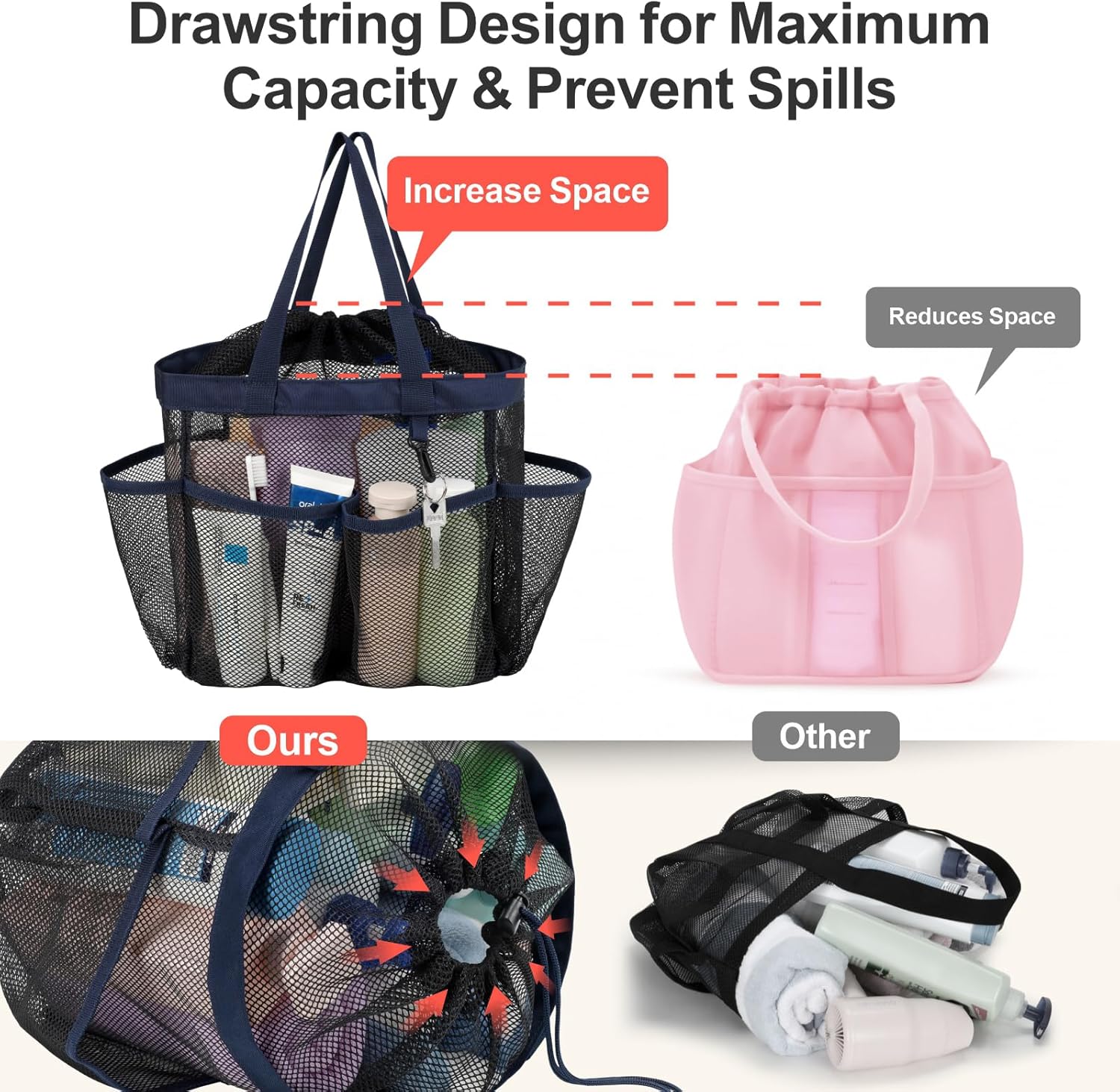 F-color Mesh Shower Caddy with Drawstring and 7 Pockets 1