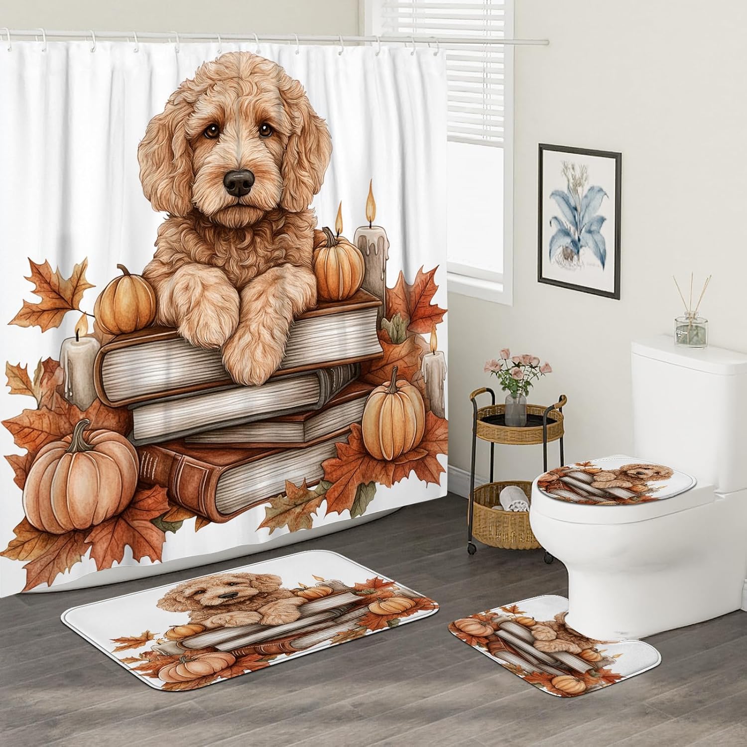 DESIHOM 4PCS Fall Golden Doodle Dog Shower Curtain Set with Non-Slip Rug and Toilet Lid Cover Mat