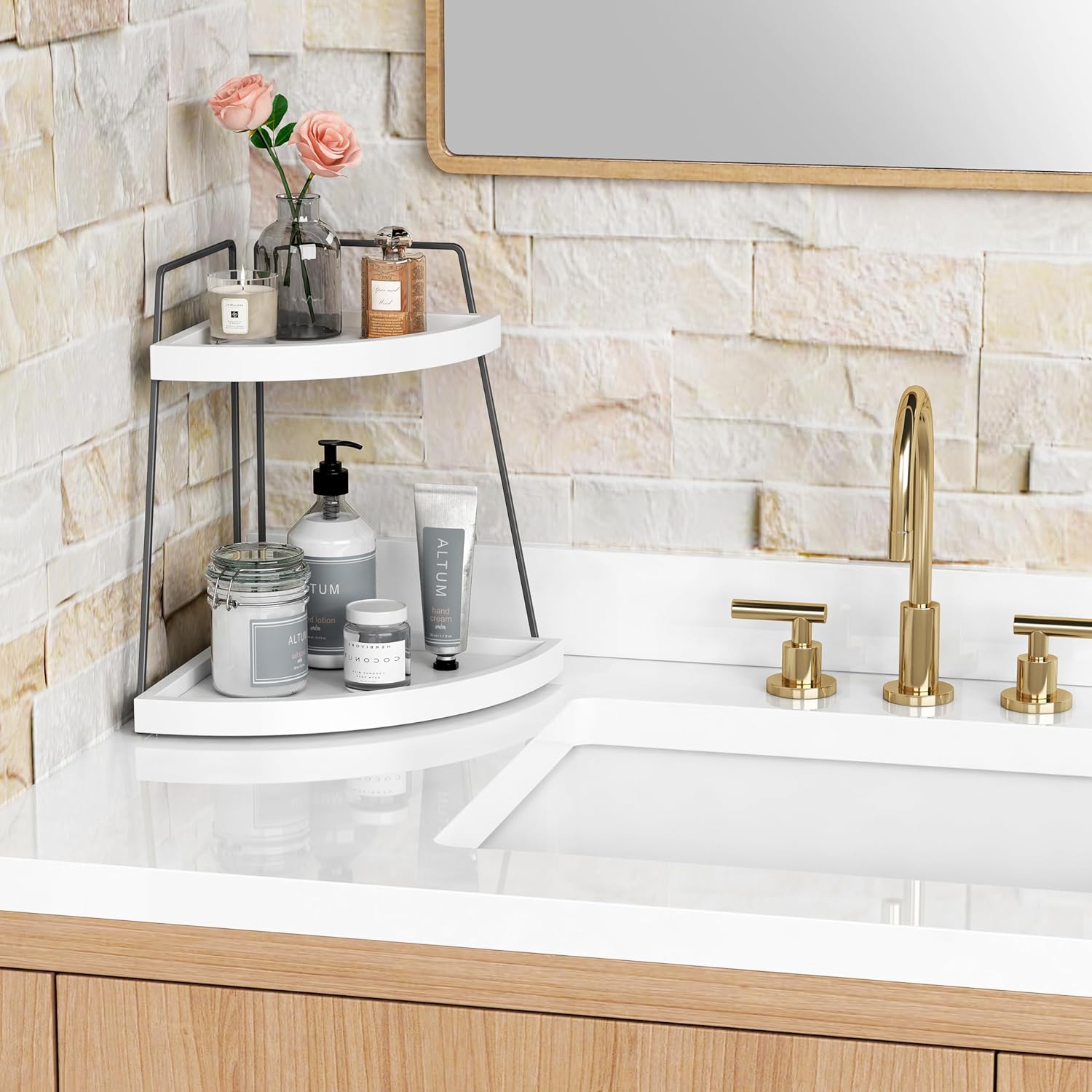 Forbena 2 Tier Corner Bathroom Organizer Shelf Stand - White and Grey