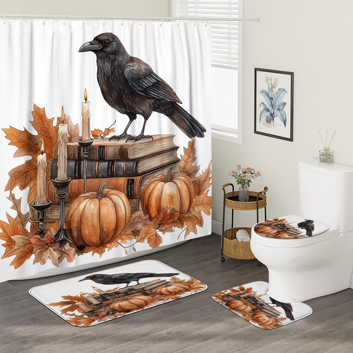 DESIHOM 4PCS Fall Crow Ravens Bird Shower Curtain Set with Non-Slip Rug and Hooks