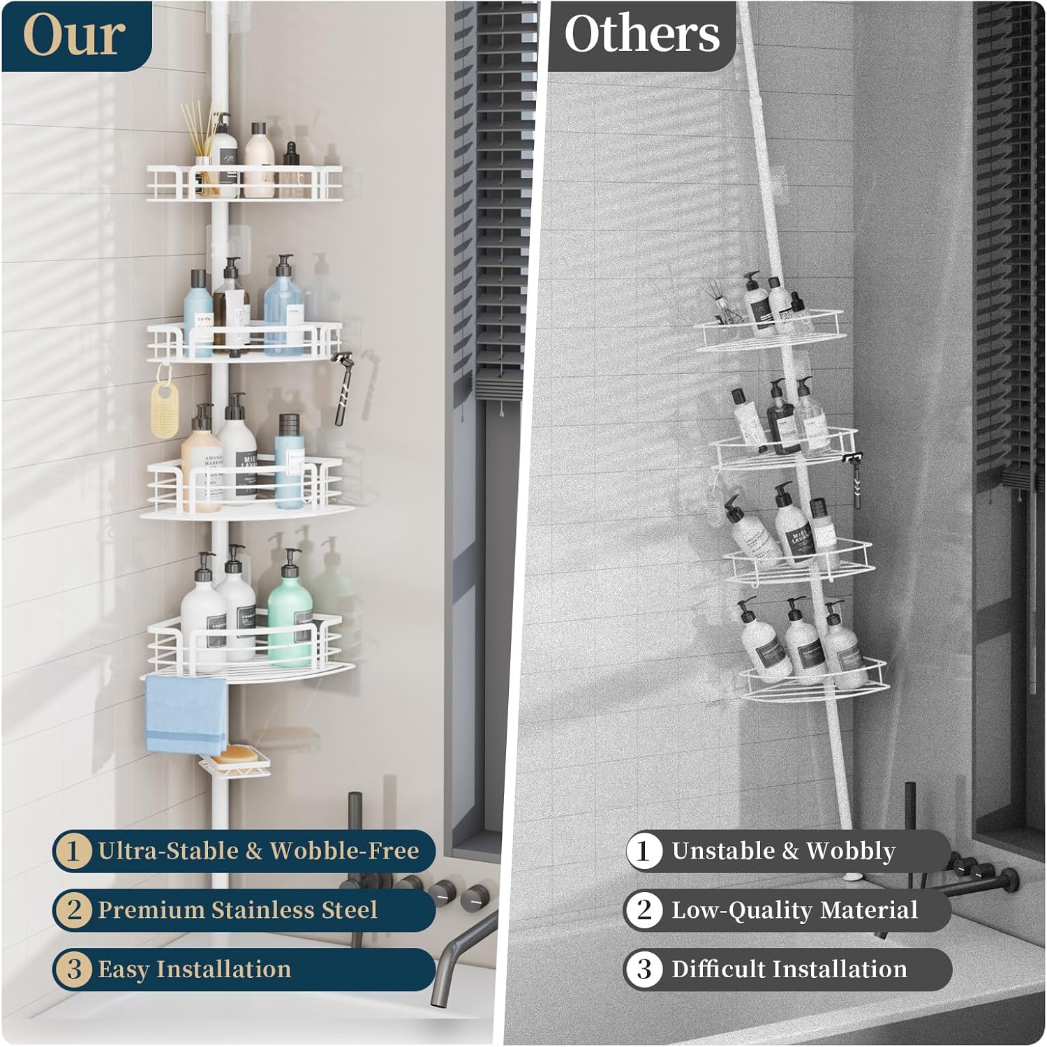 Consumest Corner Shower Caddy Tension Pole - Rustproof With Towel Bar And Soap Holder Adjustable White