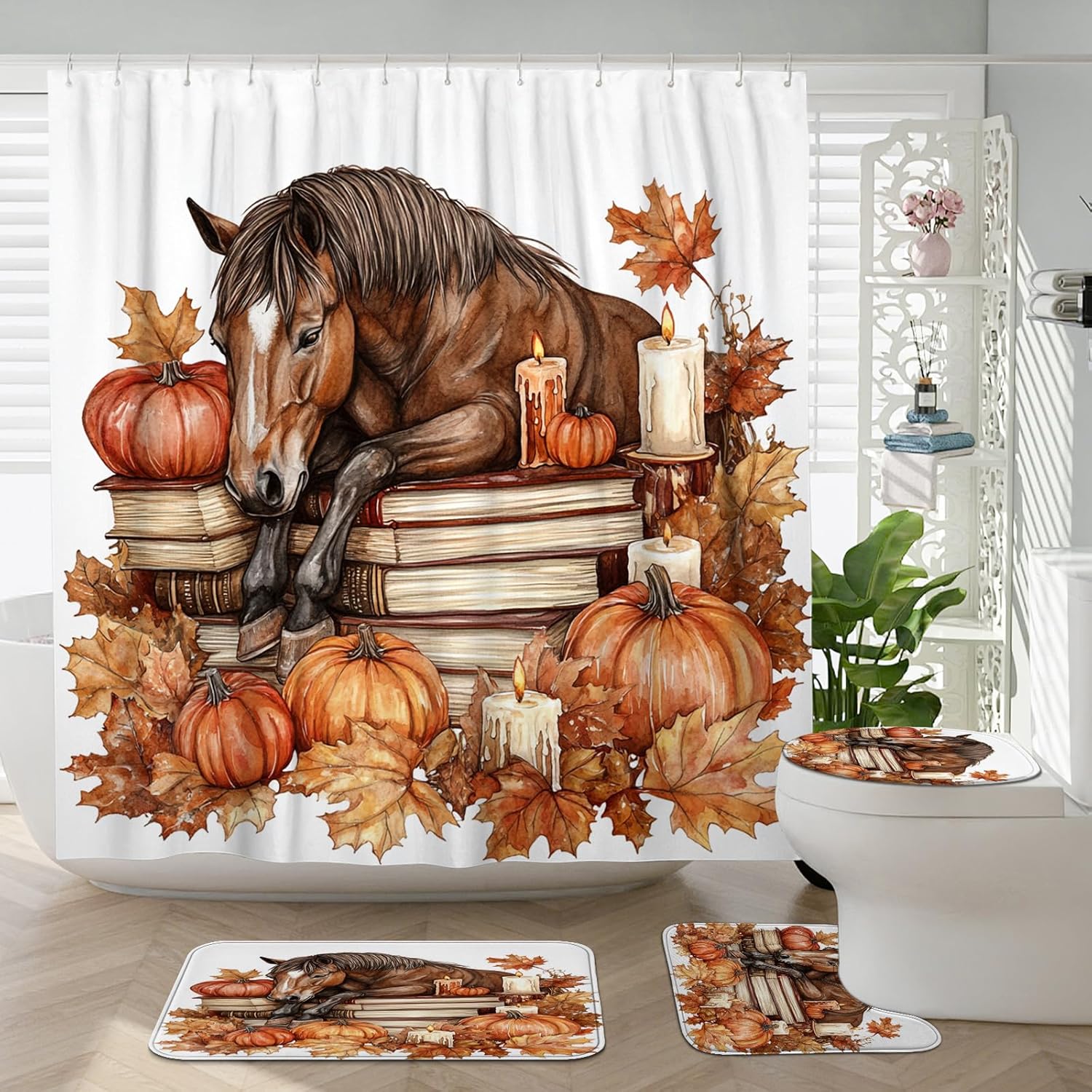 DESIHOM 4PCS Fall Horses Shower Curtain Set with Non-Slip Rug and Toilet Lid Cover Mat