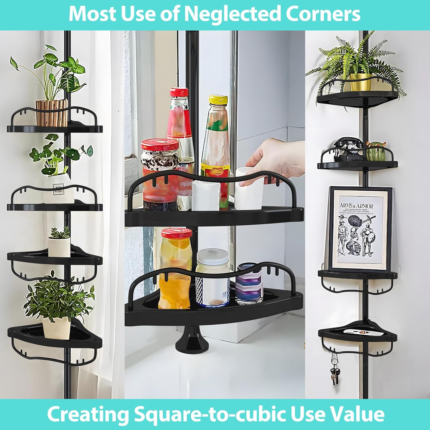 Adjustable Corner Shower Caddy with 4 Layers and Rustproof Metal Tension Pole Black