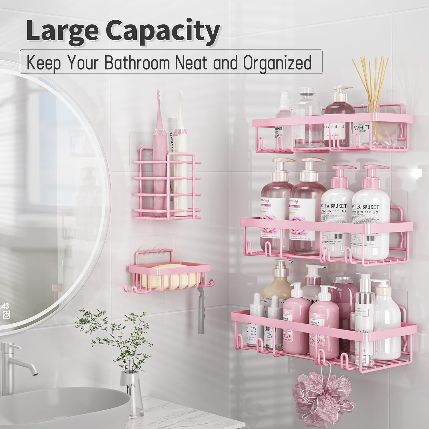 10 Pack Shower Caddy Organizer with Rustproof Stainless Steel Shampoo Holder and Wall Storage Basket Pink