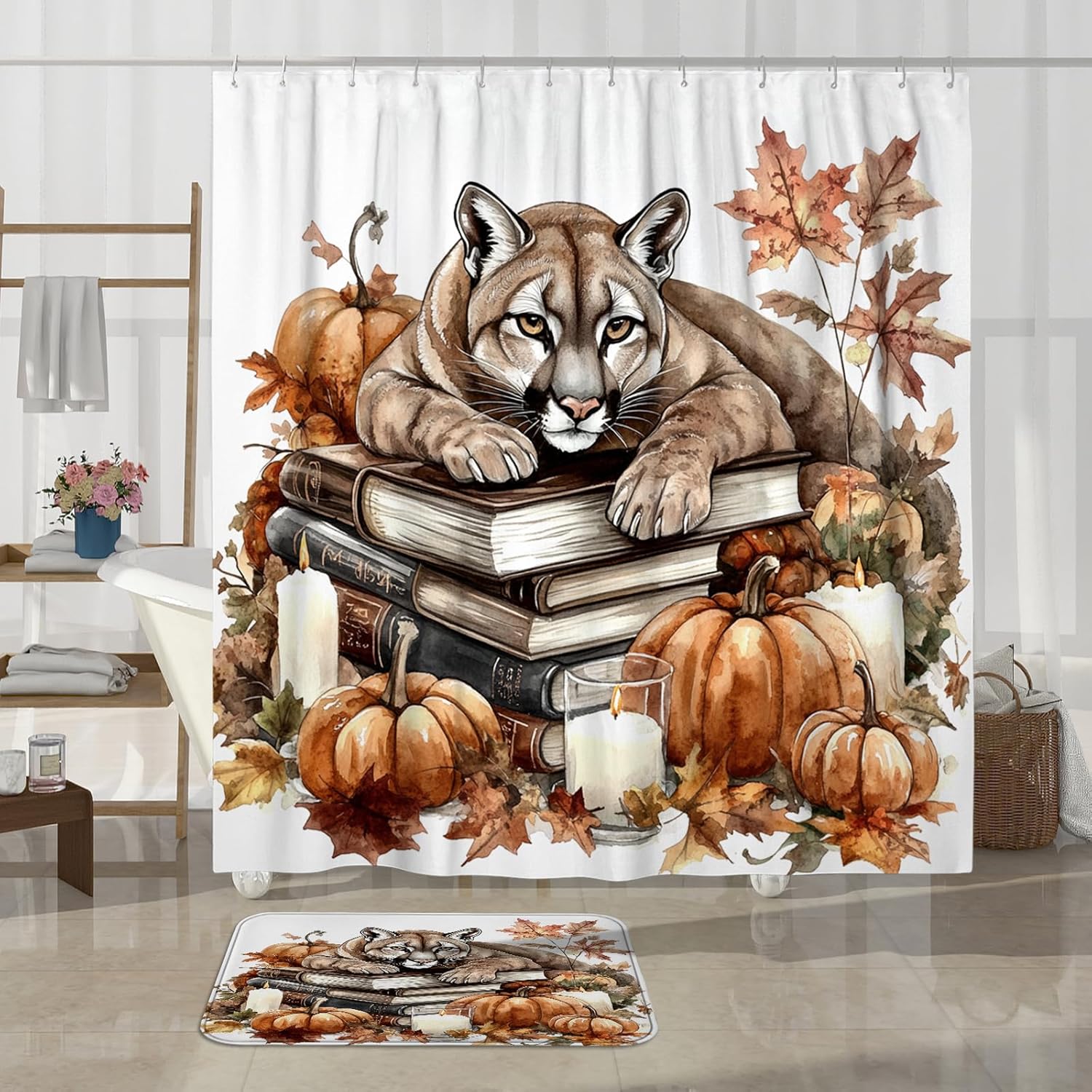 4PCS Fall Cougar Pumpkins Shower Curtain Set with Non-Slip Rug and Toilet Lid Cover Mat