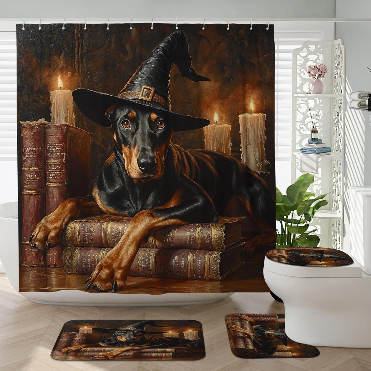 4PCS Halloween Witch Dog Bathroom Set with Non-Slip Rug and Magic Book Candle Decor