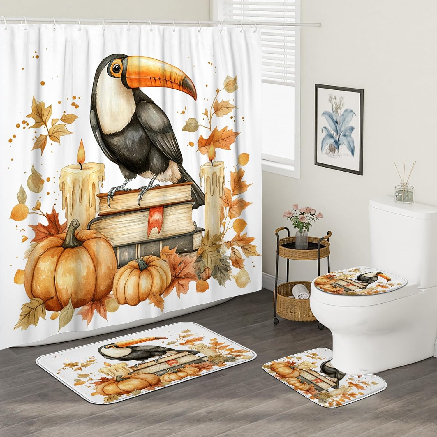 DESIHOM 4PCS Fall Toucan Bird Shower Curtain Set with Non-Slip Rug and Hooks