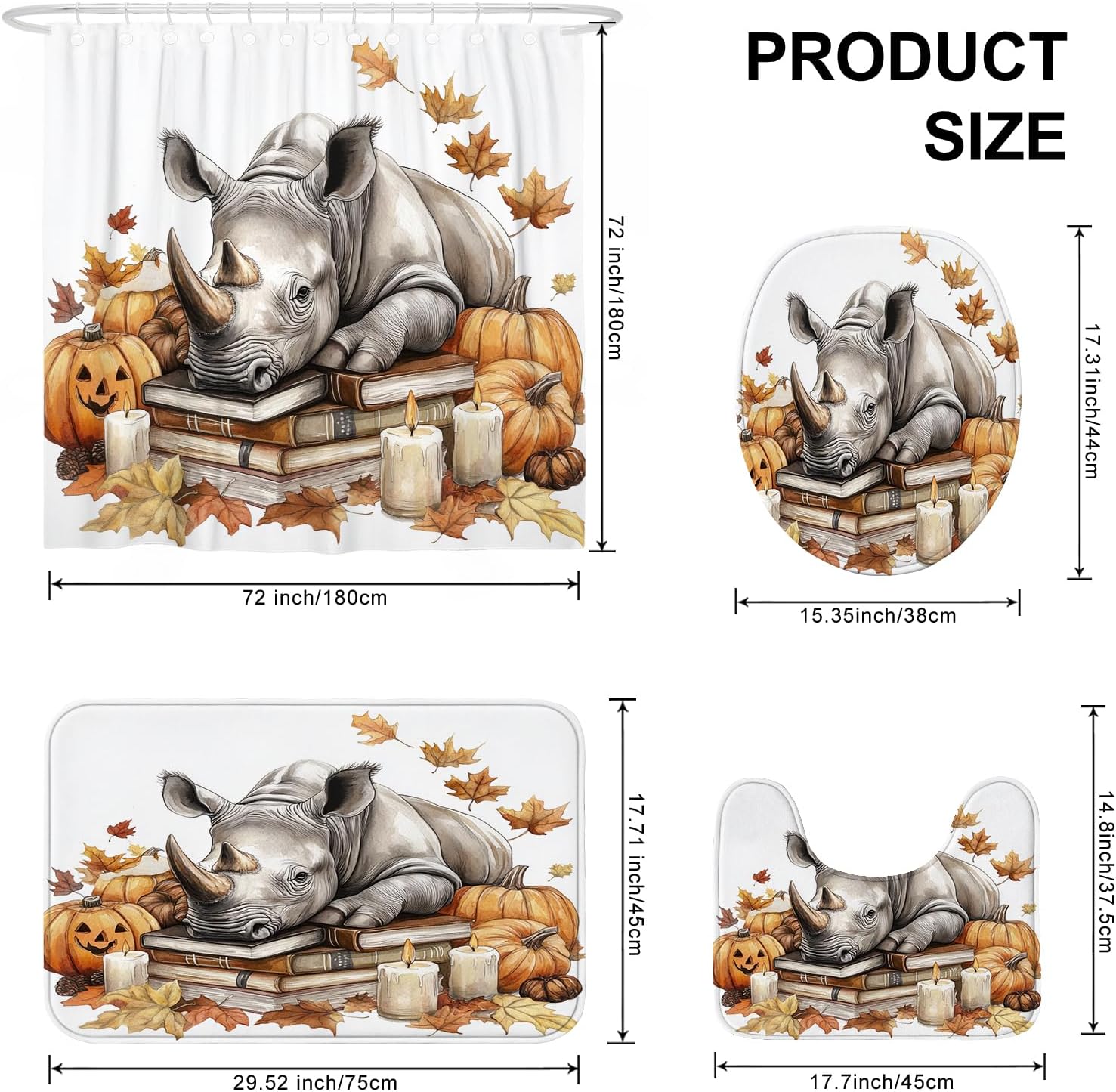 DESIHOM 4PCS Fall Rhinos Pumpkins Shower Curtain Set with Non-Slip Rug and Toilet Lid Cover Mat